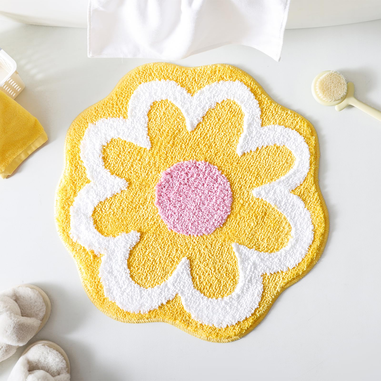 Cute Flower Bath Mat, Machine Washable Bath Rug, Ultra Soft and Fluffy Bathroom Mat, Small Round Non-Slip Water Absorbent Bath Mats for Bathroom Floor, Shower Room and Bathtub