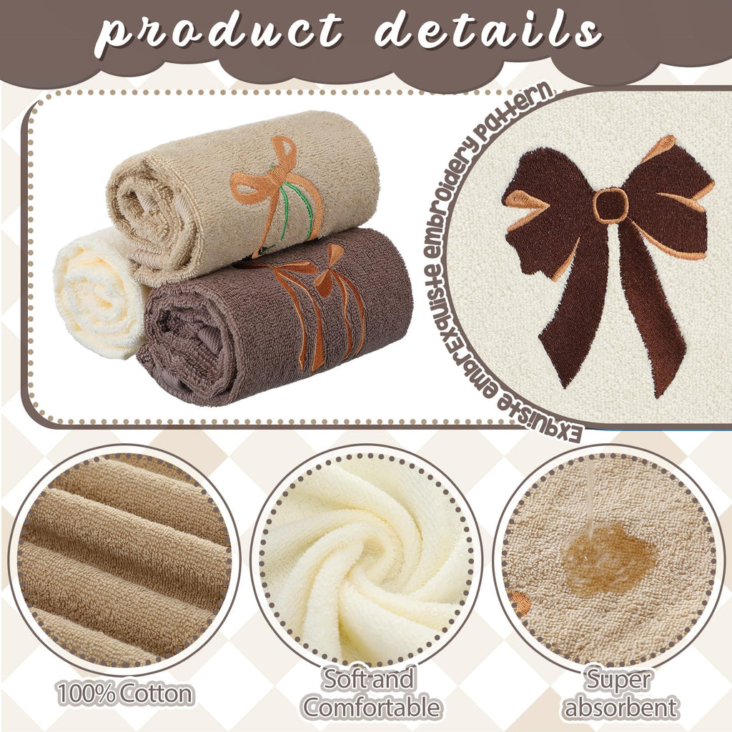 Coquette Bow Embroidered Decorative Towel 100% Cotton Soft Absorbent Kitchen Facecloth Preppy Bathroom Decor 3 Pcs, 13.7 x 29.5''