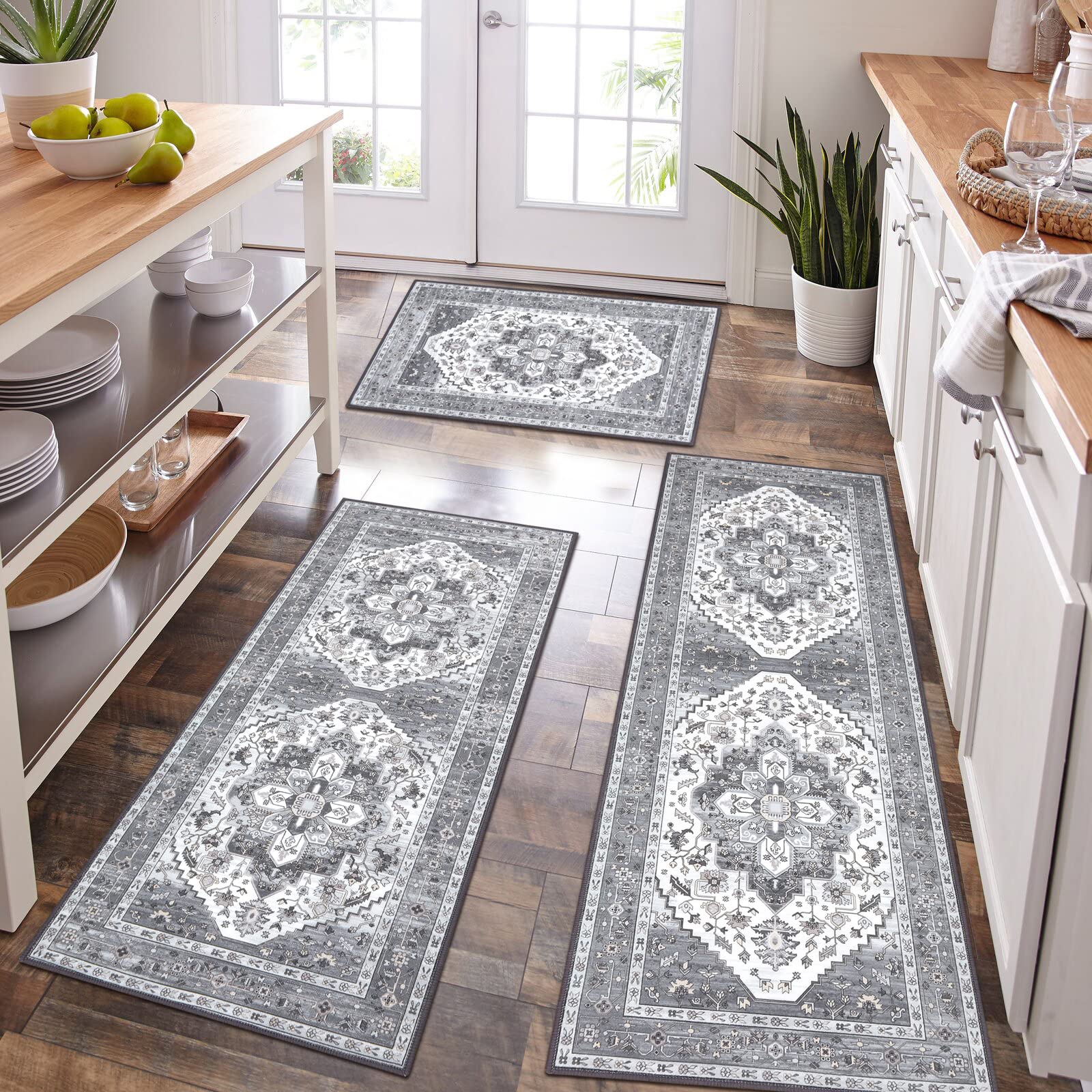 Thick Boho Kitchen Rug Sets 3 Piece with Runner Non Slip Kitchen Rugs and Mats Washable Kitchen Mats
