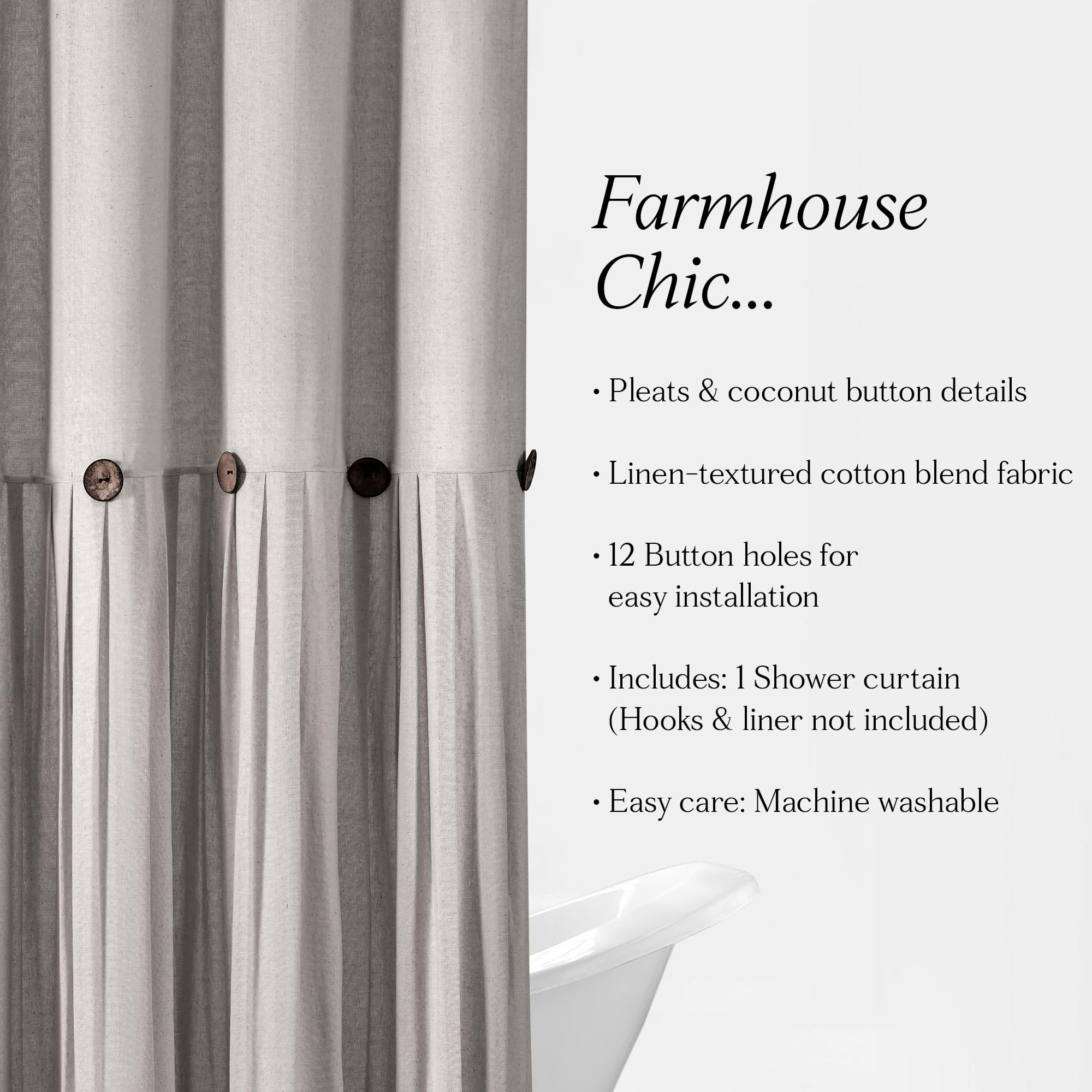 Lush Decor Linen Button Shower Curtain, 72" W x 72" L, Fabric Shower Curtains