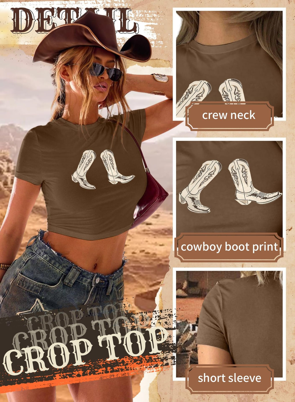 Western Cowgirl Crop Tops for Women - Country Rodeo Outfits Boot Print Summer Slim Shirt Sexy Cowboy Tee