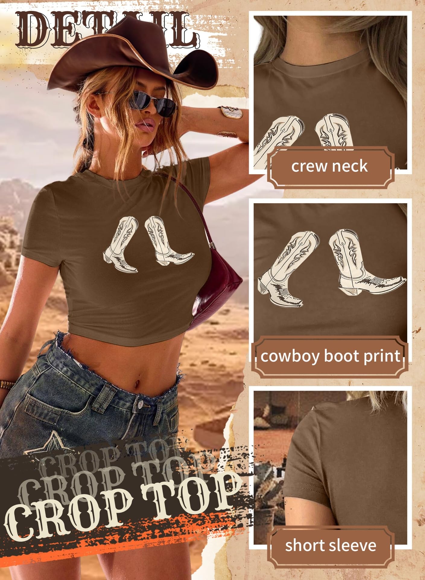 Western Cowgirl Crop Tops for Women - Country Rodeo Outfits Boot Print Summer Slim Shirt Sexy Cowboy Tee
