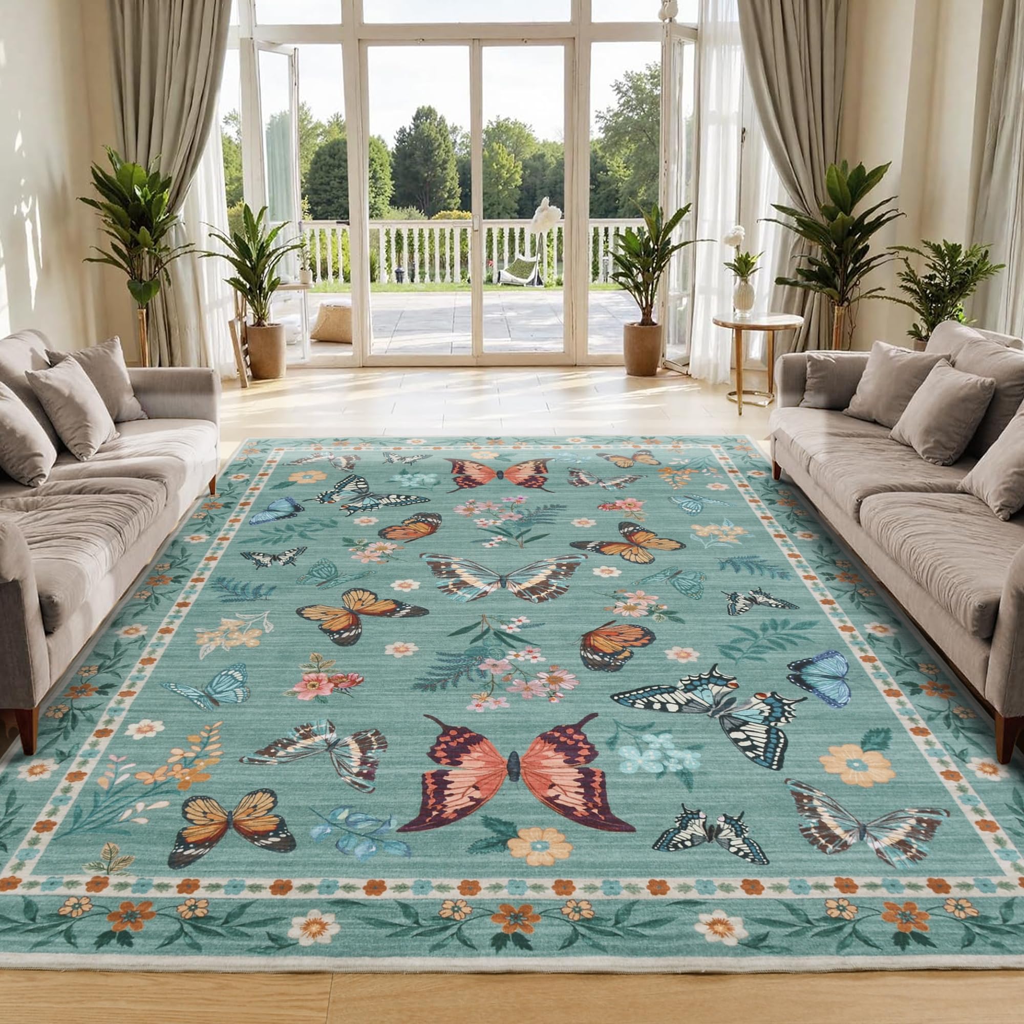 Insect Floral Area Rug, Machine Washable Area Rug Non-Slip Low Pile Large Bedroom Rug Stain Resistant Throw Rug Carpet