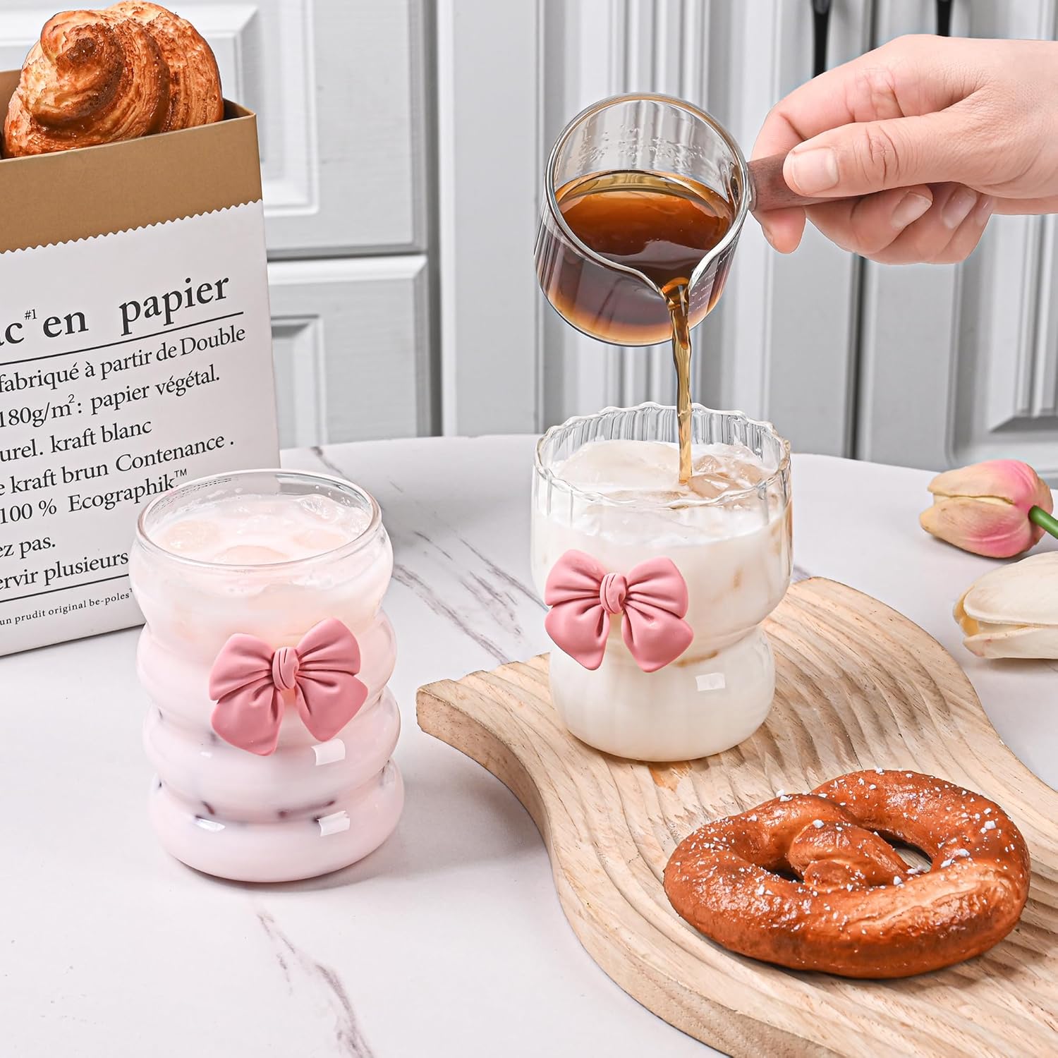 Coquette Cute Bow Glass Cups 10oz Pink Bow Glasses Cup Vintage Ribbed Drinking Glasses 2pcs