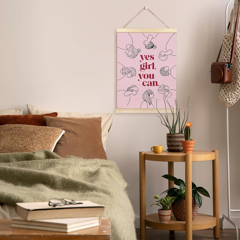 Yes Girl You Can Poster Hanger Frame, Feminist Motivational Quote Wooden Canvas Artwork Print, Pink Positive Wall Painting for Girl Room Home Bathroom Office Decor 12X16inch