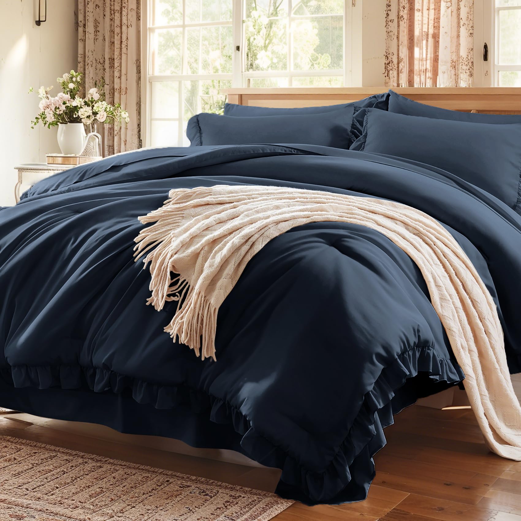Comforter Set 7 Piece, Bed in a Bag with Sheets, All Season Ruffle Shabby Chic Bedding Sets with 1 Comforter, 2 Pillow Shams, 2 Pillowcases, 1 Flat Sheet, 1 Fitted Sheet