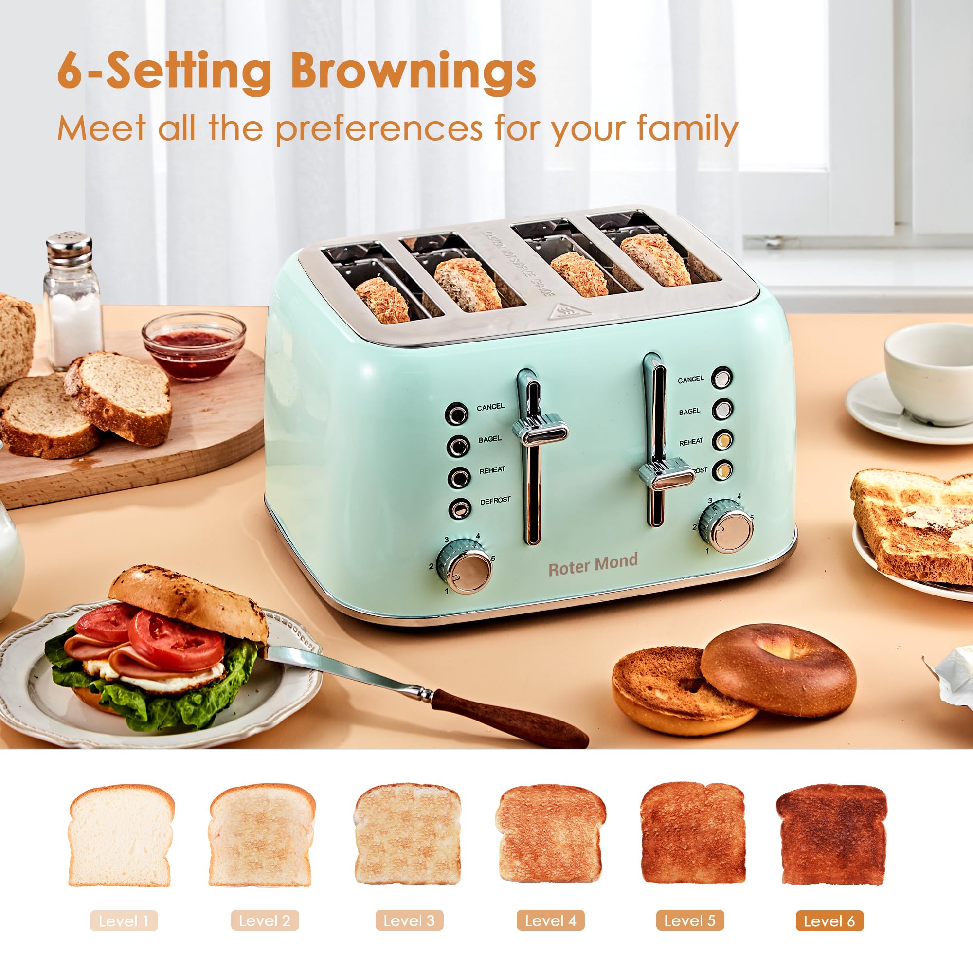 Toaster 4 Slice Retro Stainless Steel with Extra Wide Slots, Reheat Function, Dual Independent Control Panel, Removable Crumb Tray, 6 Browning Levels