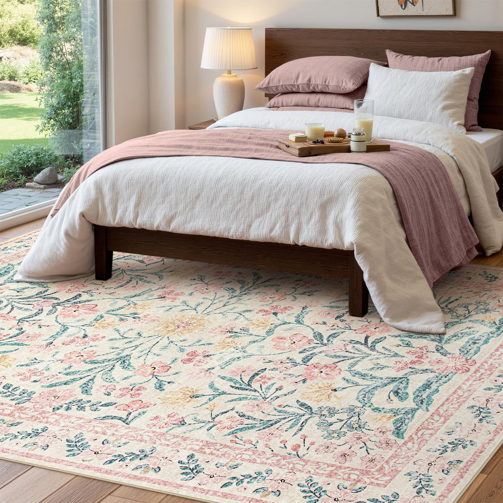 Machine Washable Boho Soft Floral Carpet Non Slip, Indoor Ultra-Thin Floor Carpet for Kid Room Living Room Dorm