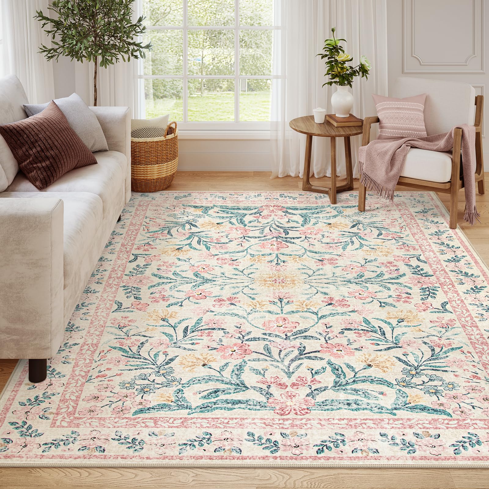 Machine Washable Boho Soft Floral Carpet Non Slip, Indoor Ultra-Thin Floor Carpet for Kid Room Living Room Dorm