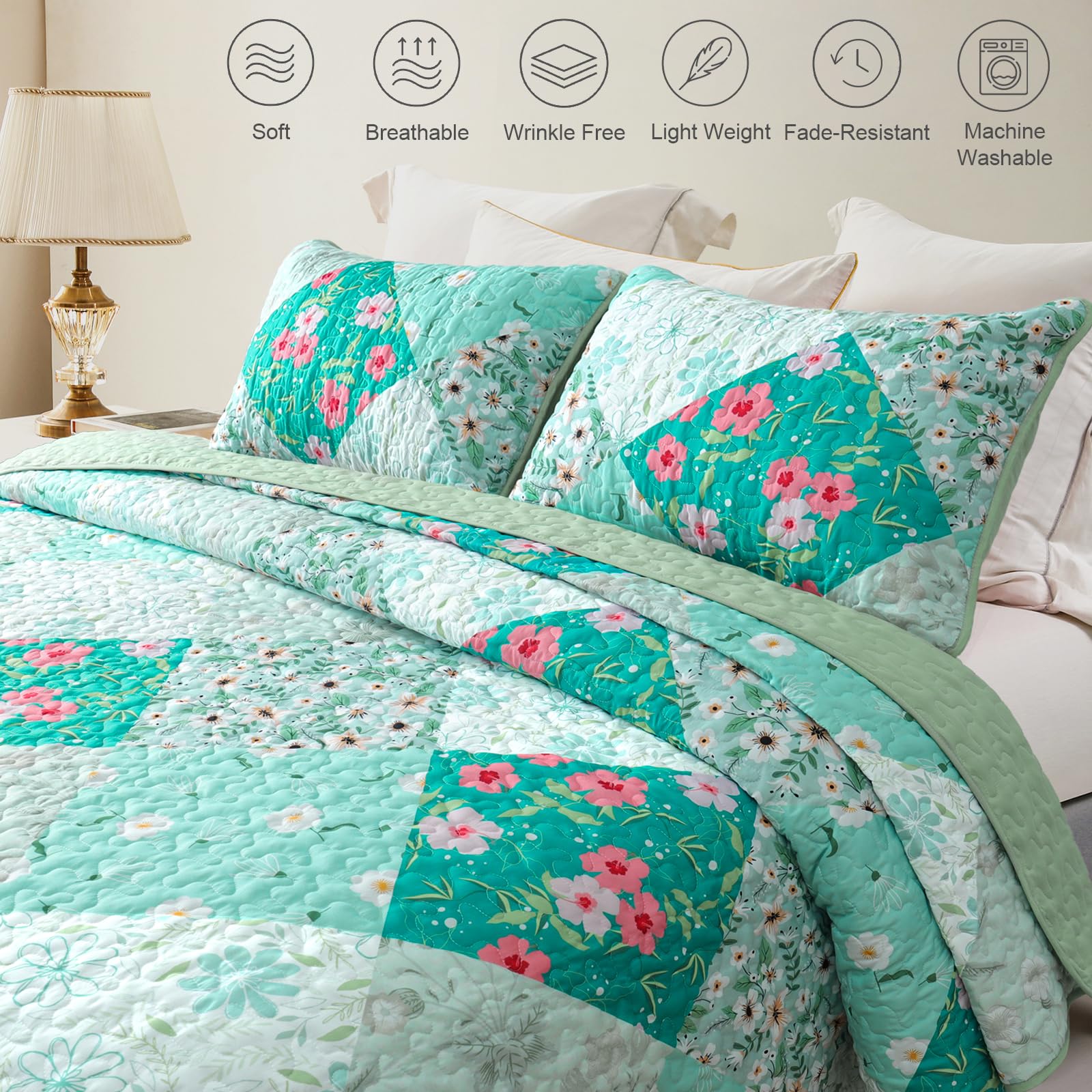 Reversible Patchwork Quilts Full Size, Lightweight Boho Printed Bedspreads Coverlets Quilt Bedding Set with 2 Pillow Shams