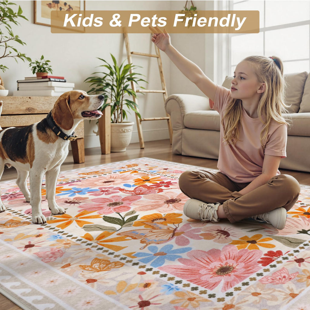 Floral Hallway Runner Rug, Runner Rugs Non Skid Washable, Low Pile Soft Boho Rugs