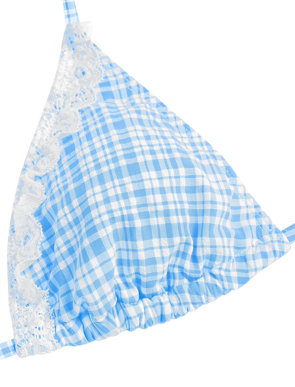 Women's Triangle Bikini Lace Frilled Ruffles Gingham Print Tie Side Spaghetti Strap 2 Pieces Bikini Swimsuit