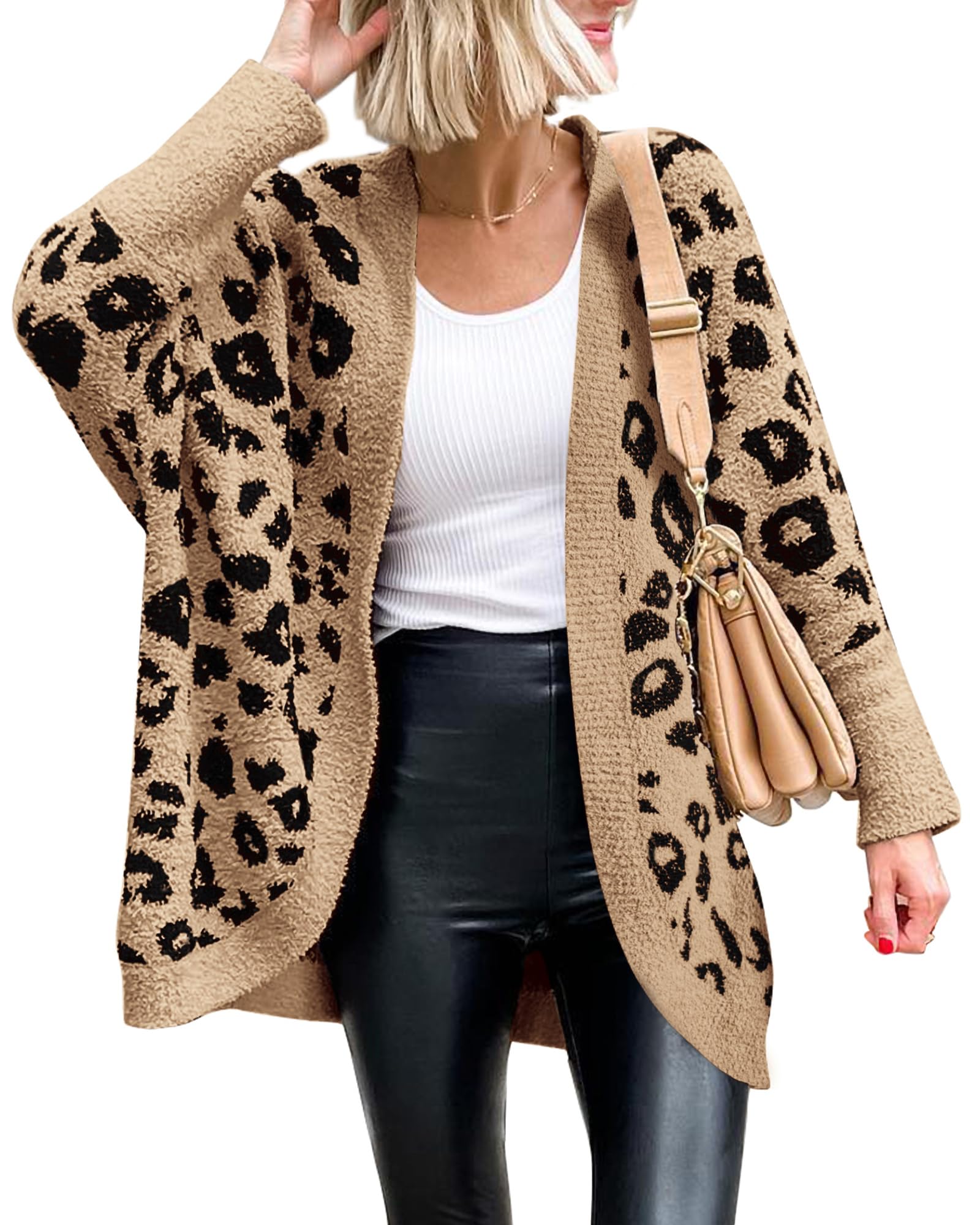 Women Fashion Leopard Print Long Sleeve Sweater Cardigan Loose Knit Open Front Fall Winter Outwear Coats