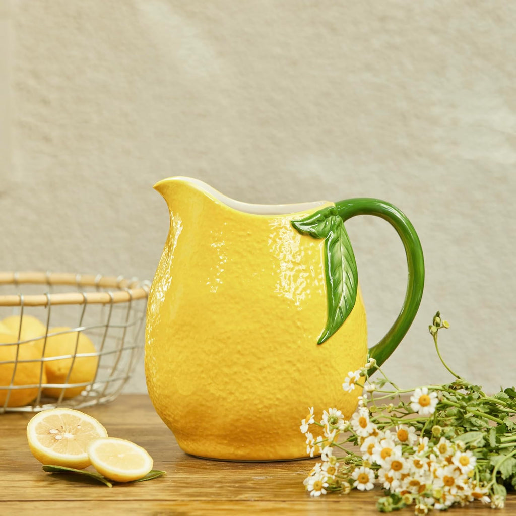 Lemon Shape Cute Handpainted Stoneware Pitcher, Microwave & Dishwasher Safe Jug