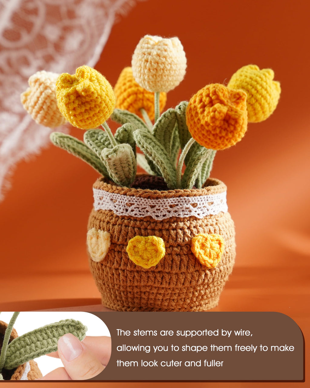 Crochet Tulip Potted Plant - Handmade Cotton Knitted Artificial Flowers, 6 Tulips Pot Plant with Bendable Leaves