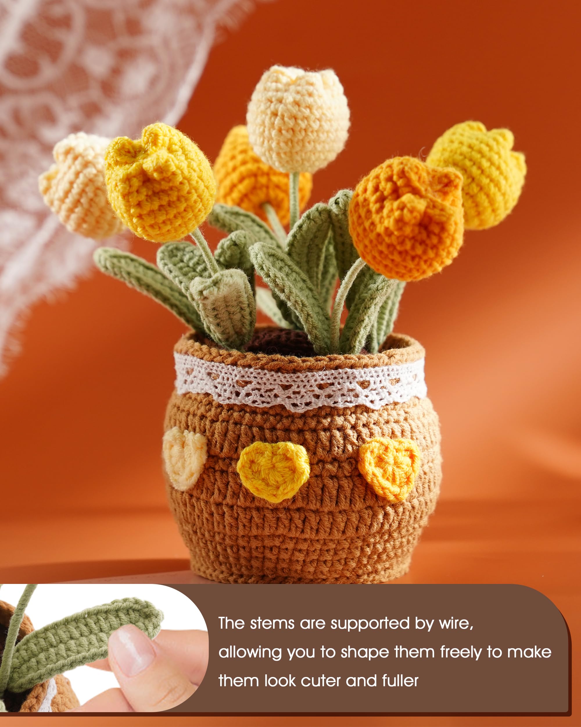 Crochet Tulip Potted Plant - Handmade Cotton Knitted Artificial Flowers, 6 Tulips Pot Plant with Bendable Leaves