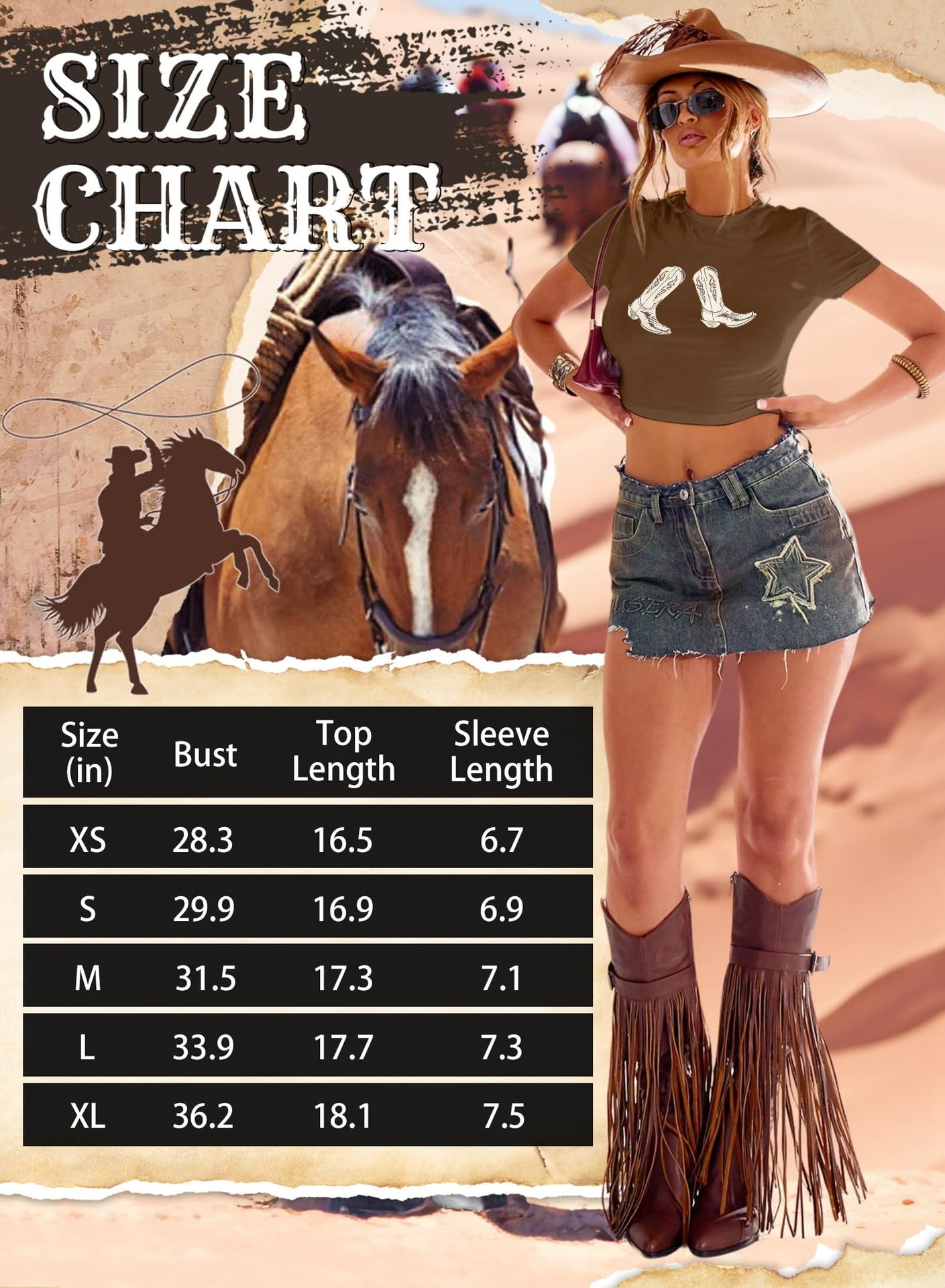 Western Cowgirl Crop Tops for Women - Country Rodeo Outfits Boot Print Summer Slim Shirt Sexy Cowboy Tee