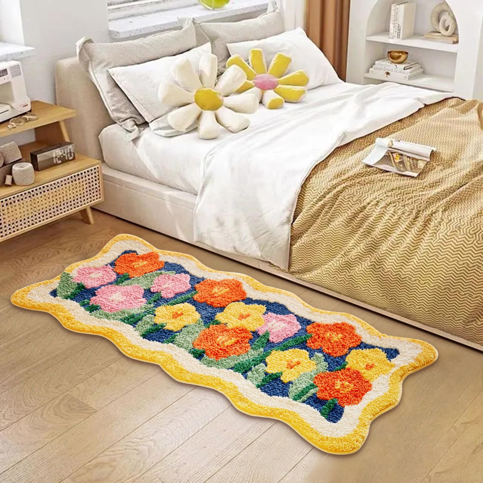 Colorful Cute Flower Bathroom Kitchen Runner Rugs - Non-Slip Machine Washable, Shaggy Orange Yellow Aesthetic Long Bath Mat Daisy Rug, Modern Boho Floral Bedside Indoor entry Rugs