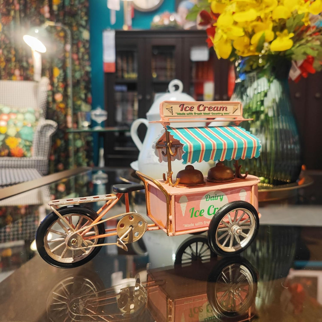 Pink Miniature Ice-Cream Tricycle Bike Model Ice Cream Cart Handmade Retro Home Decoration