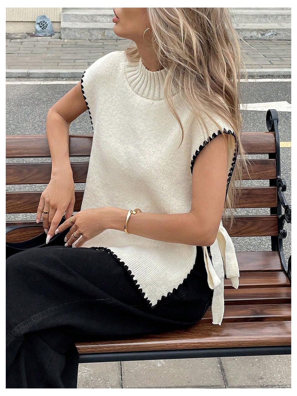 Women's Bow Tie Side Mock Neck Sweater Vest Coquette Split Sleeveless Knit Tops