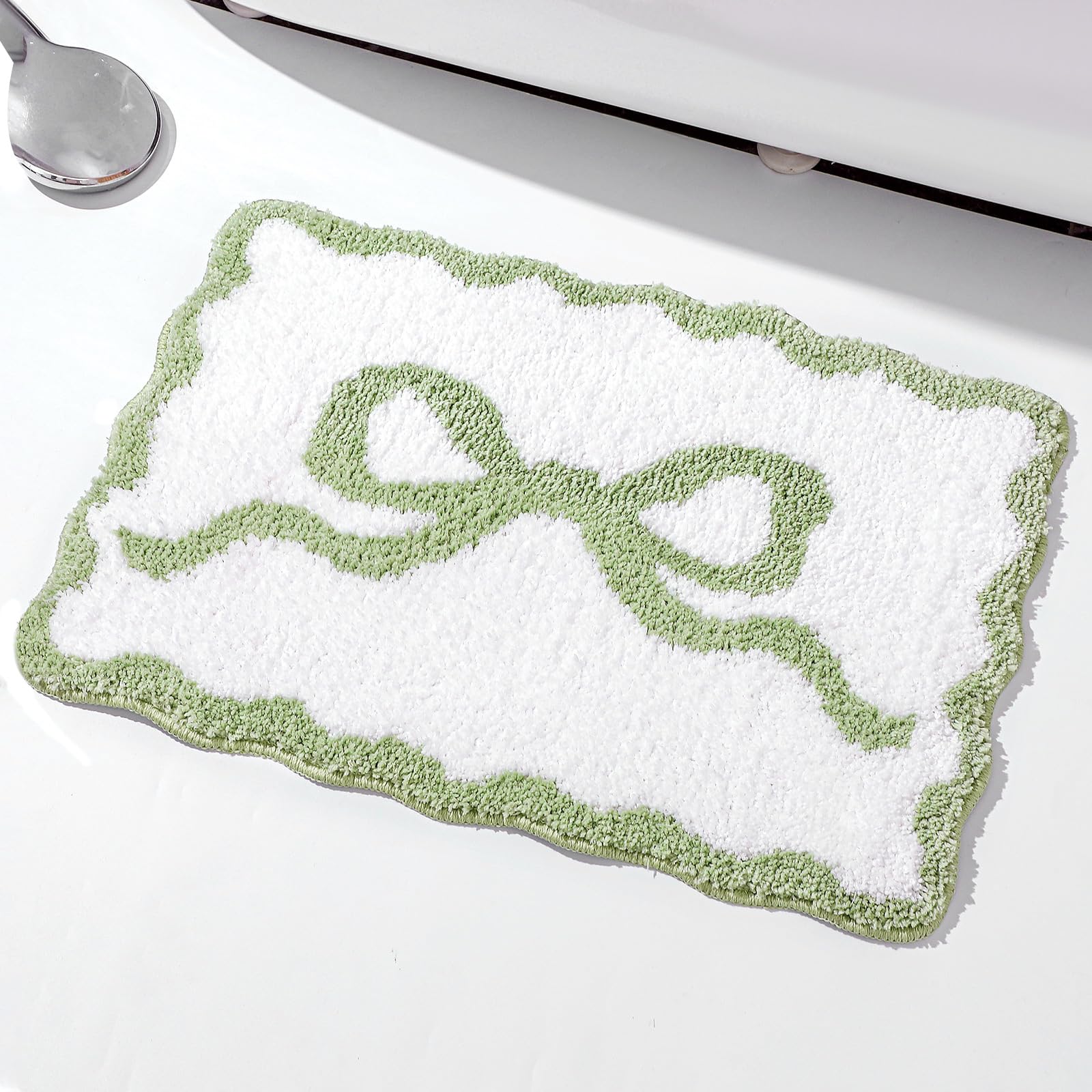 Scalloped Bow Bathroom Mat Non Slip Coquette Bow Rug Cute Aesthetic Scallop Carpet Preppy Room Decor Microfiber Absorbent Bath Rug for Bathroom Bathtub Shower Bedroom(Black,16" X 24")