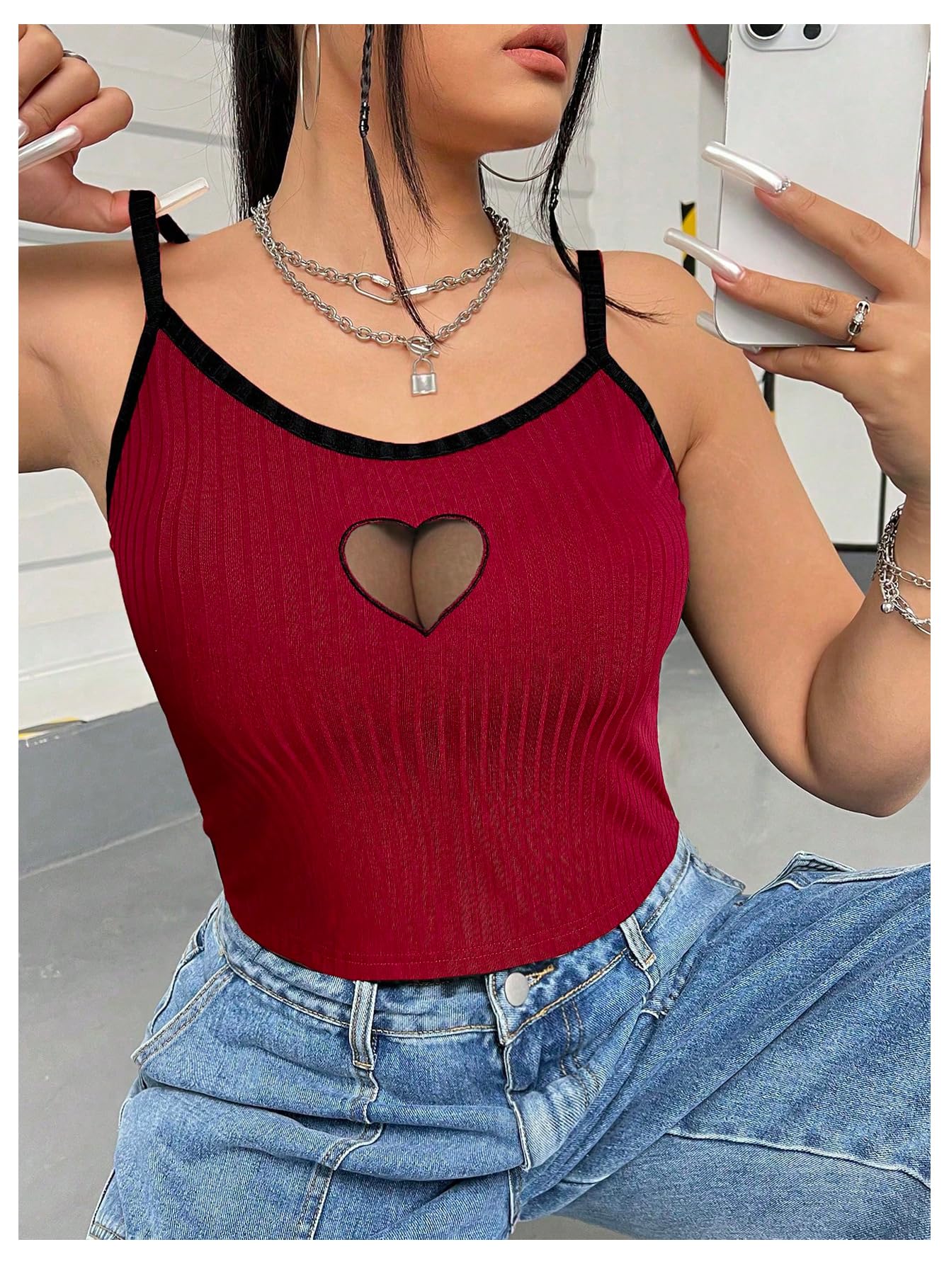 Women's Plus Size Cami Crop Tops Contrast Mesh Spaghetti Strap Summer Top