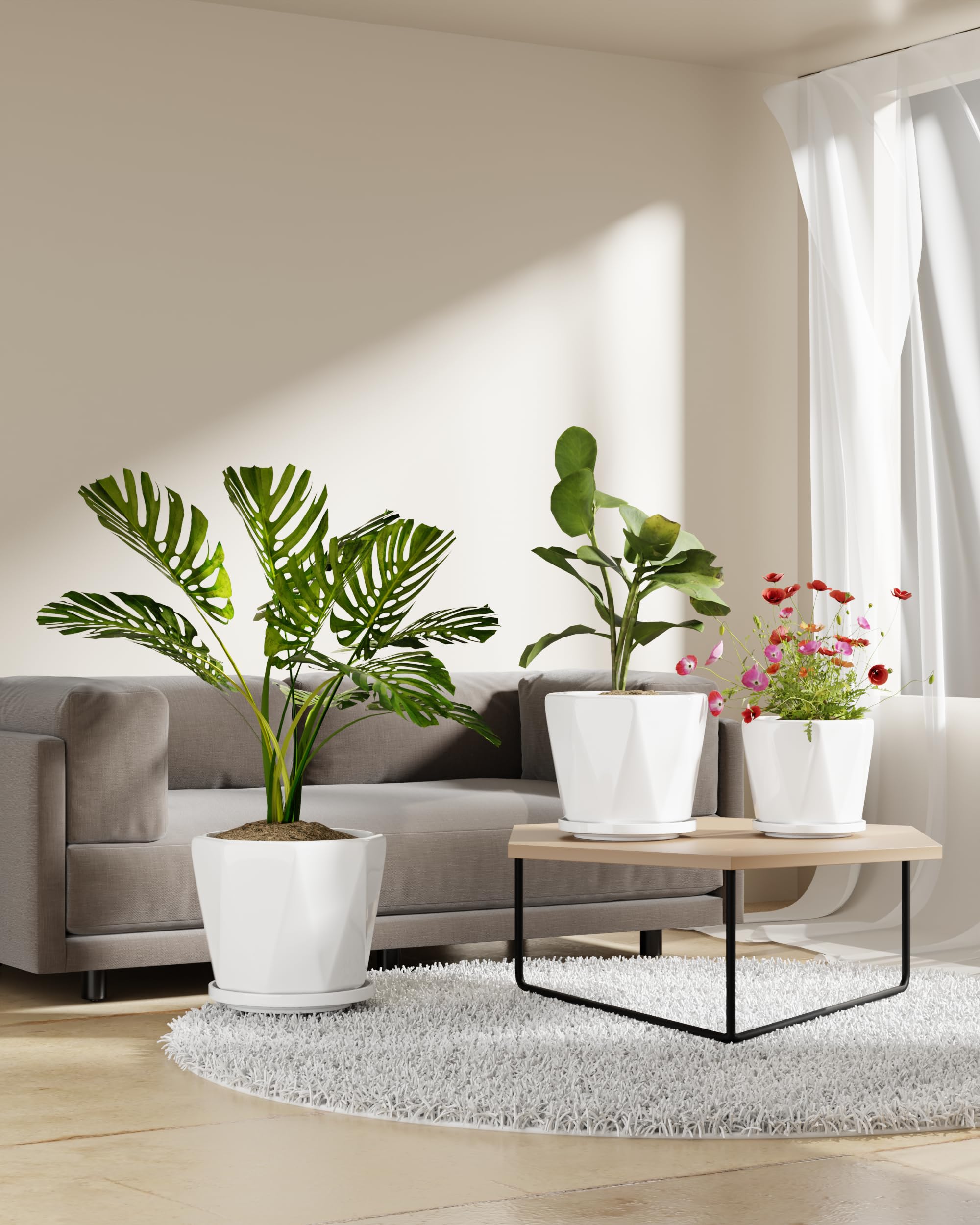 Ceramic Plant Pots Indoor, 8.6+7.1+5.5 Inch Planters with Drainage Holes and Saucers Set of 3 Large Flower Pots