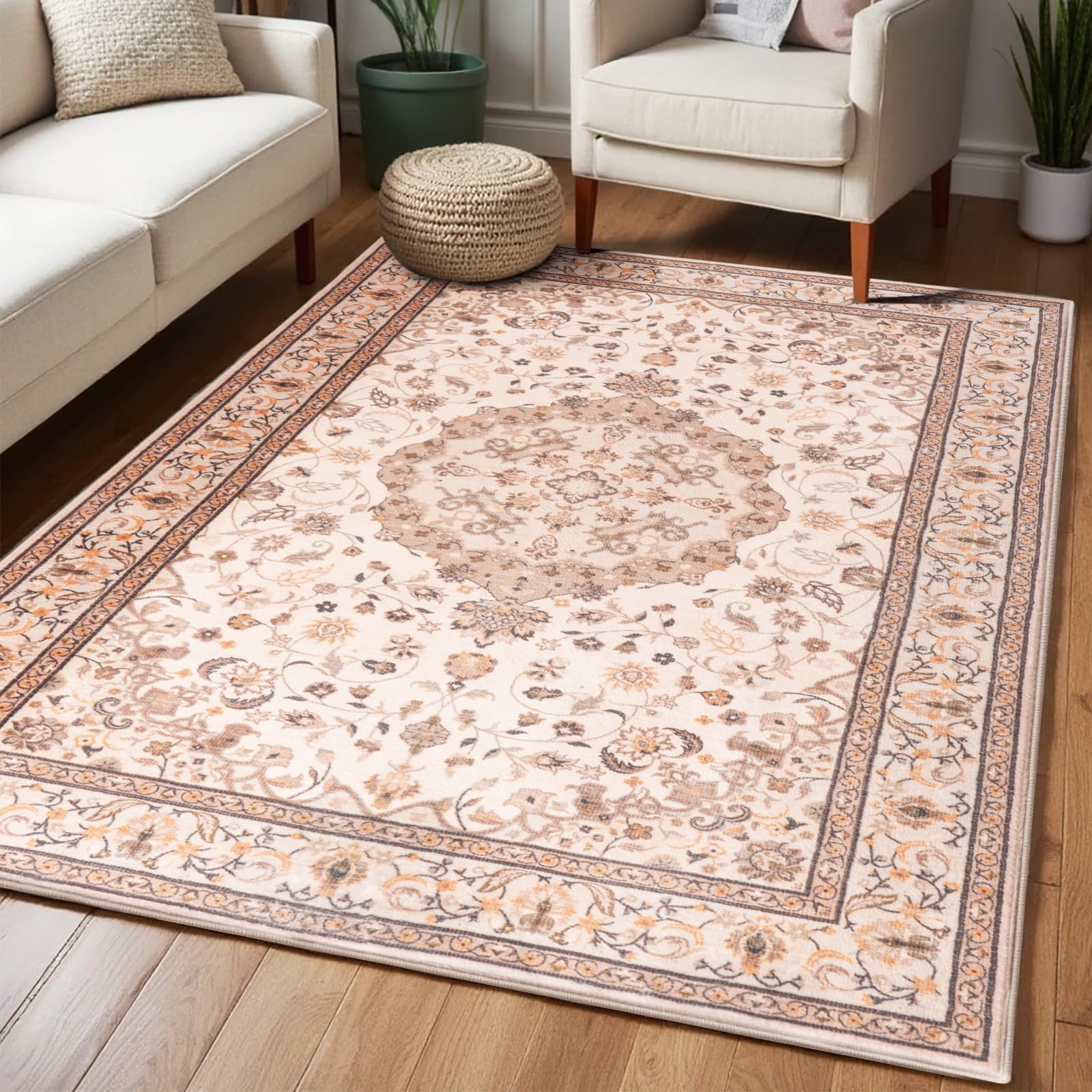 Washable Area Rugs Door Mat Entryway Vintage Floral Non-Slip Low Pile Entrance Thin Rug Carpet for Kitchen Bathroom Living Room Pink