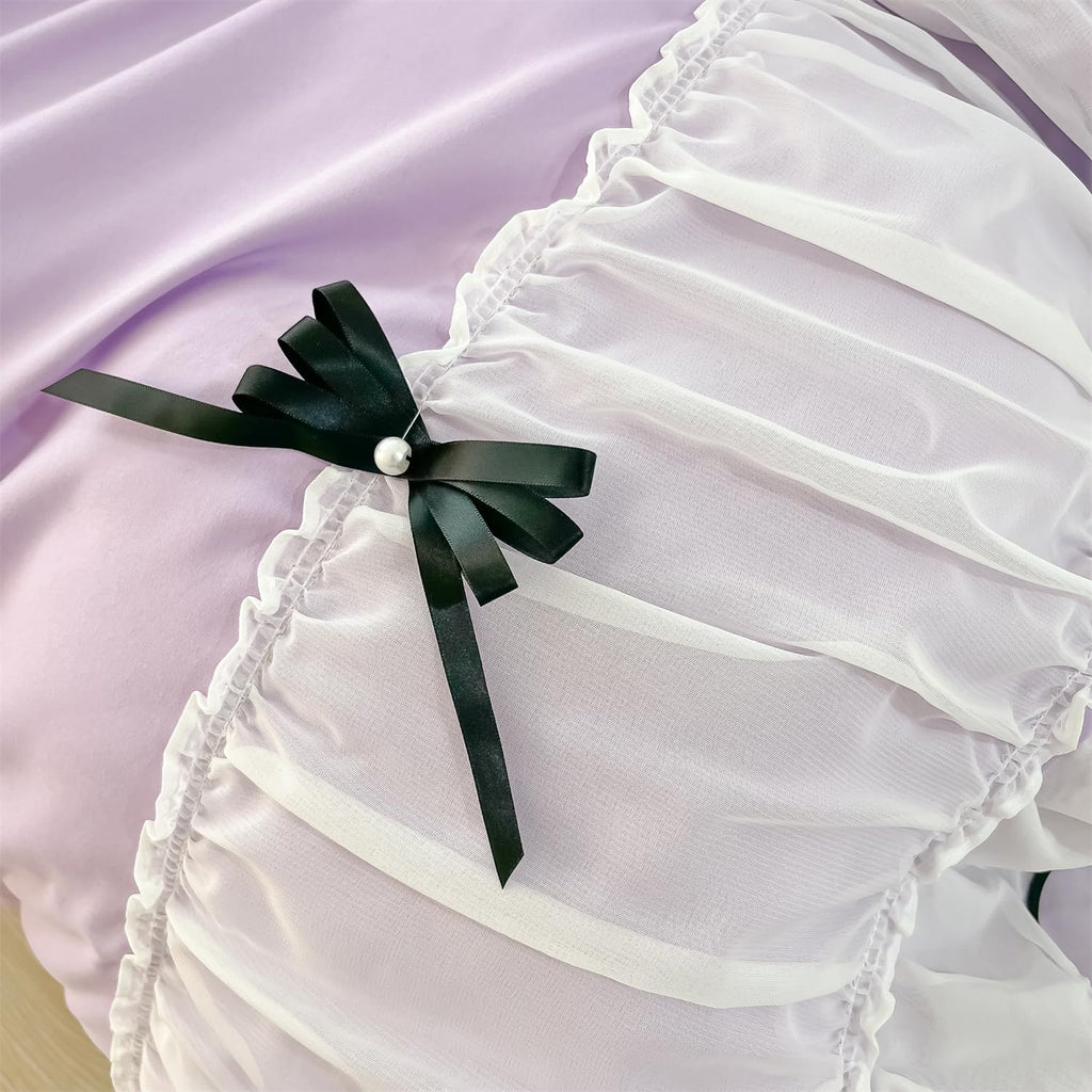 Duvet Cover Ruffle Beddding Set with Bowtie - 3 Pieces Comforter Cover Set with Zipper Closure & Pillowcase - Comforter Not Included