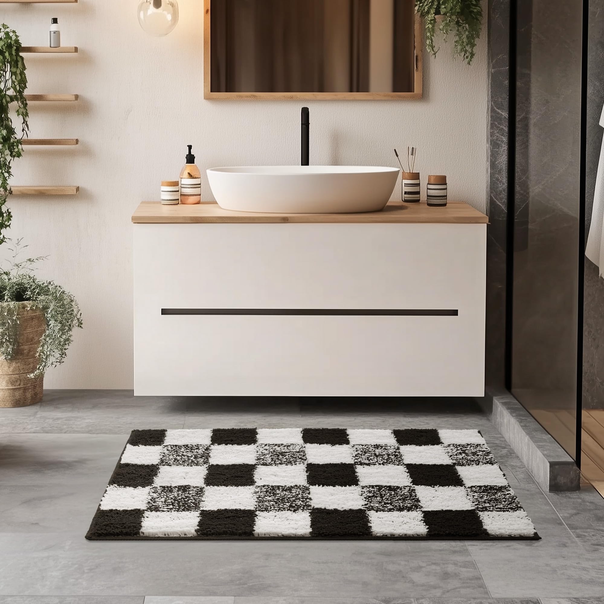 Checkered Bathroom Rugs, Fluffy Rug, Absorbent Microfiber Ultra Soft Bath Mat Washable, Non-Slip Bath Mats for Bathroom, Cute Floor Mat