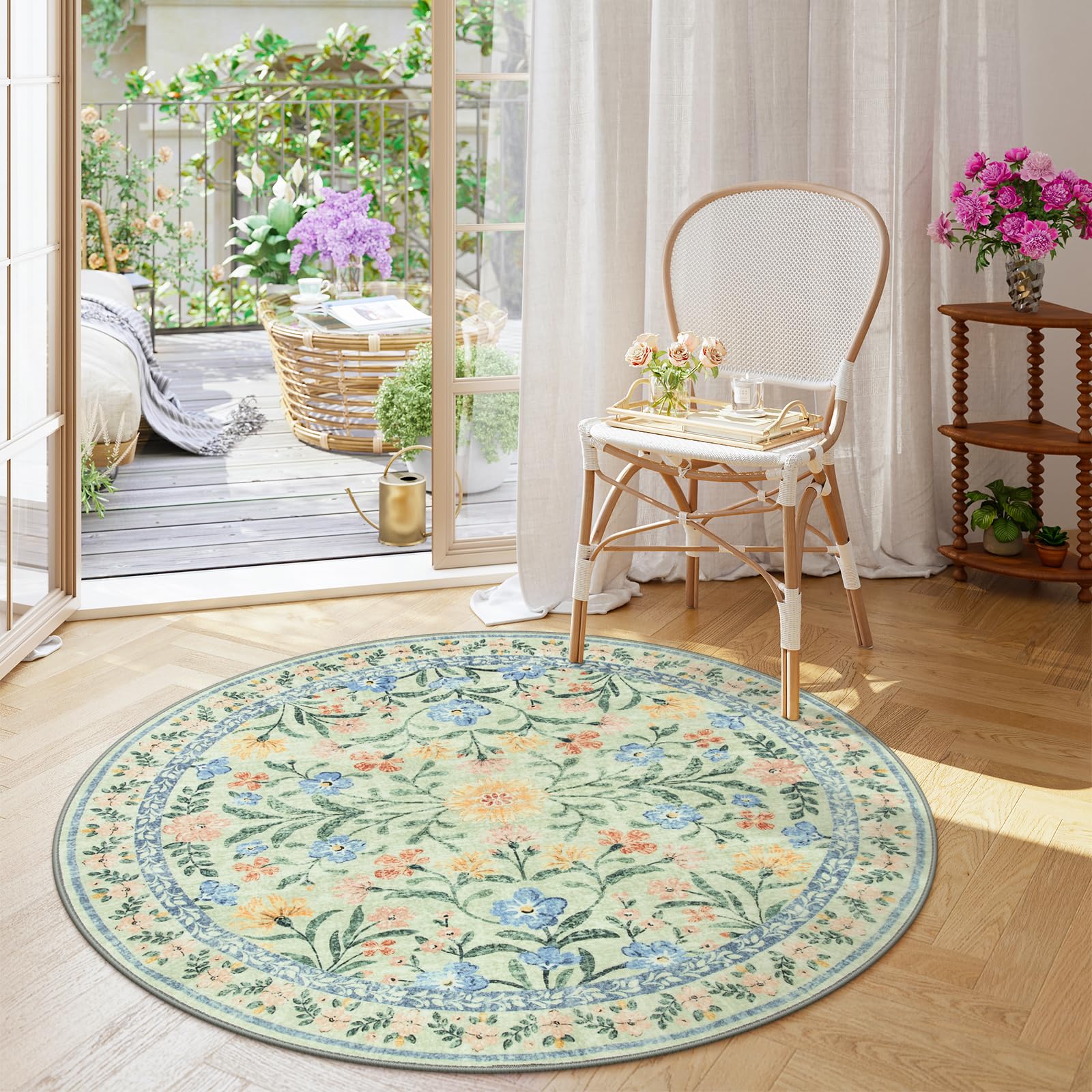 Machine Washable Boho Soft Floral Carpet Non Slip, Indoor Ultra-Thin Floor Carpet for Kid Room Living Room Dorm