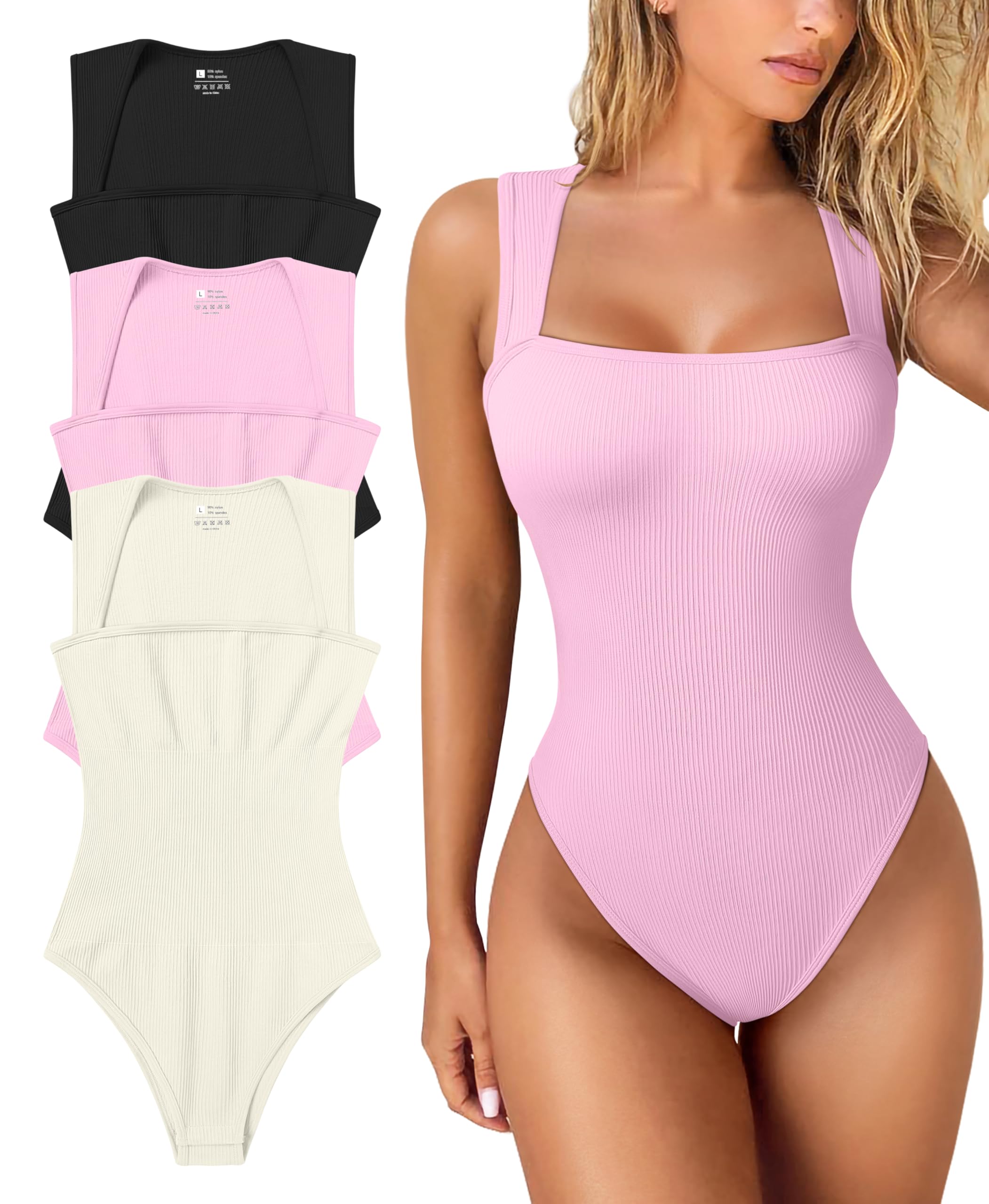 Women's 3 Piece Bodysuits Sexy Ribbed Strappy Square Neck Sleeveless Tummy Control Tank Tops Bodysuits