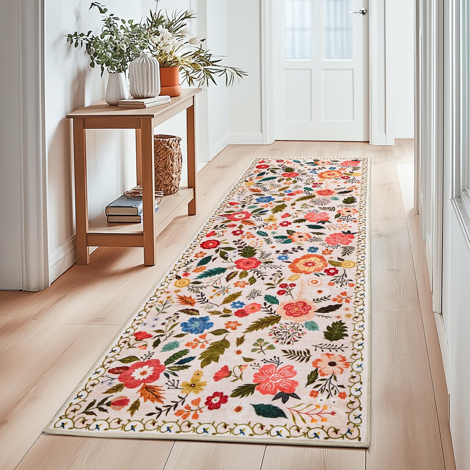 Boho Floral Vintage Rug for Home Washable Rugs Soft Low Pile, Non Slip Non-Shedding