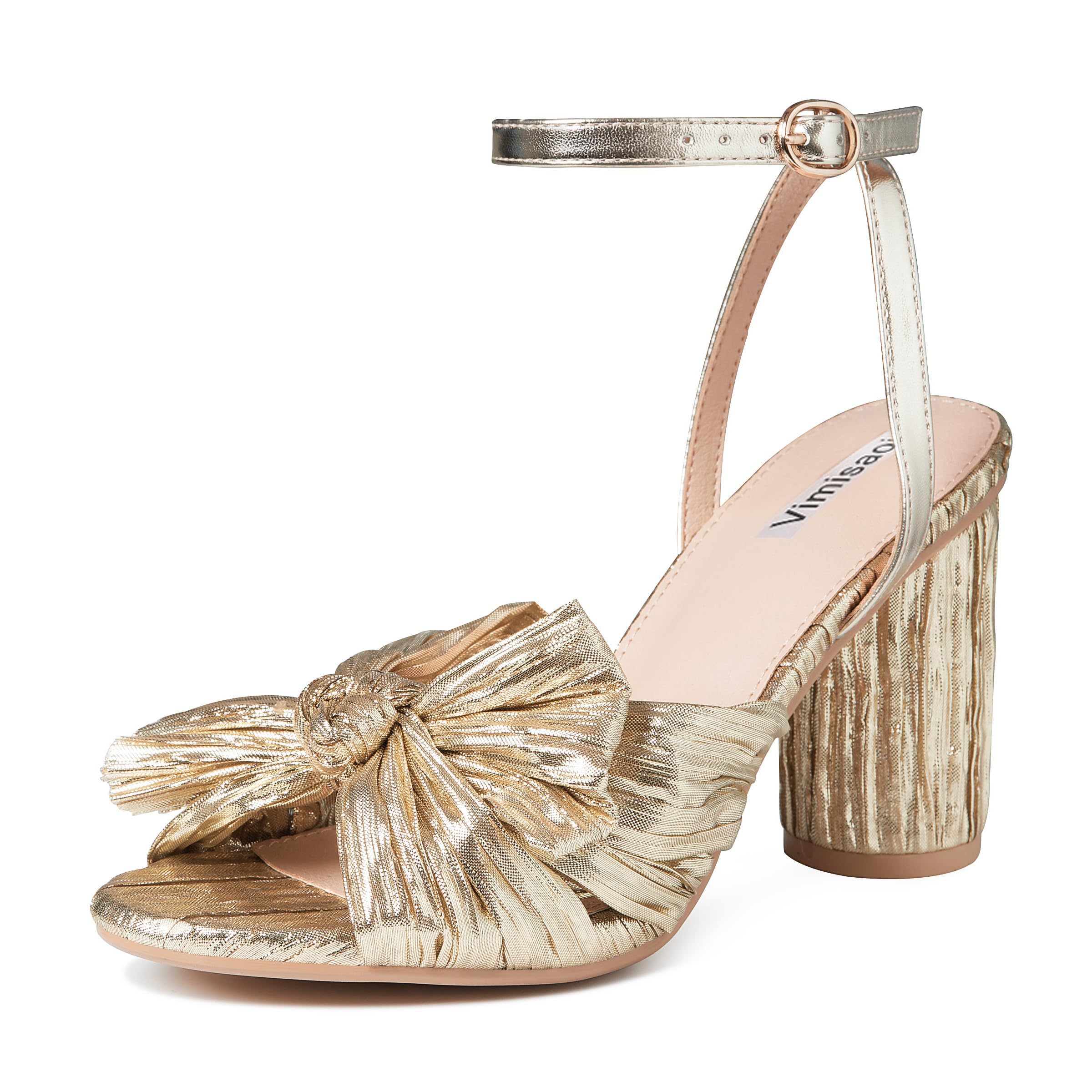 Women's High Block Chunky Heel Sandals Fashion Open Toe Ankle Buckle Strap Pleated Bow Heel