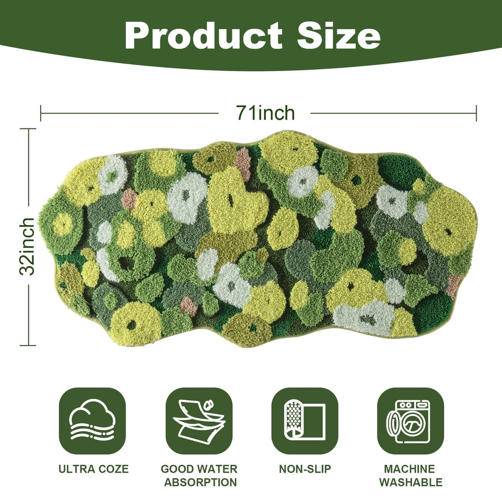 Green Moss Bathroom Rugs Bath Mat Non Slip, Ultra Soft Absorbent Aesthetic Decor Shaggy Tufted Flower Long Bath Rugs