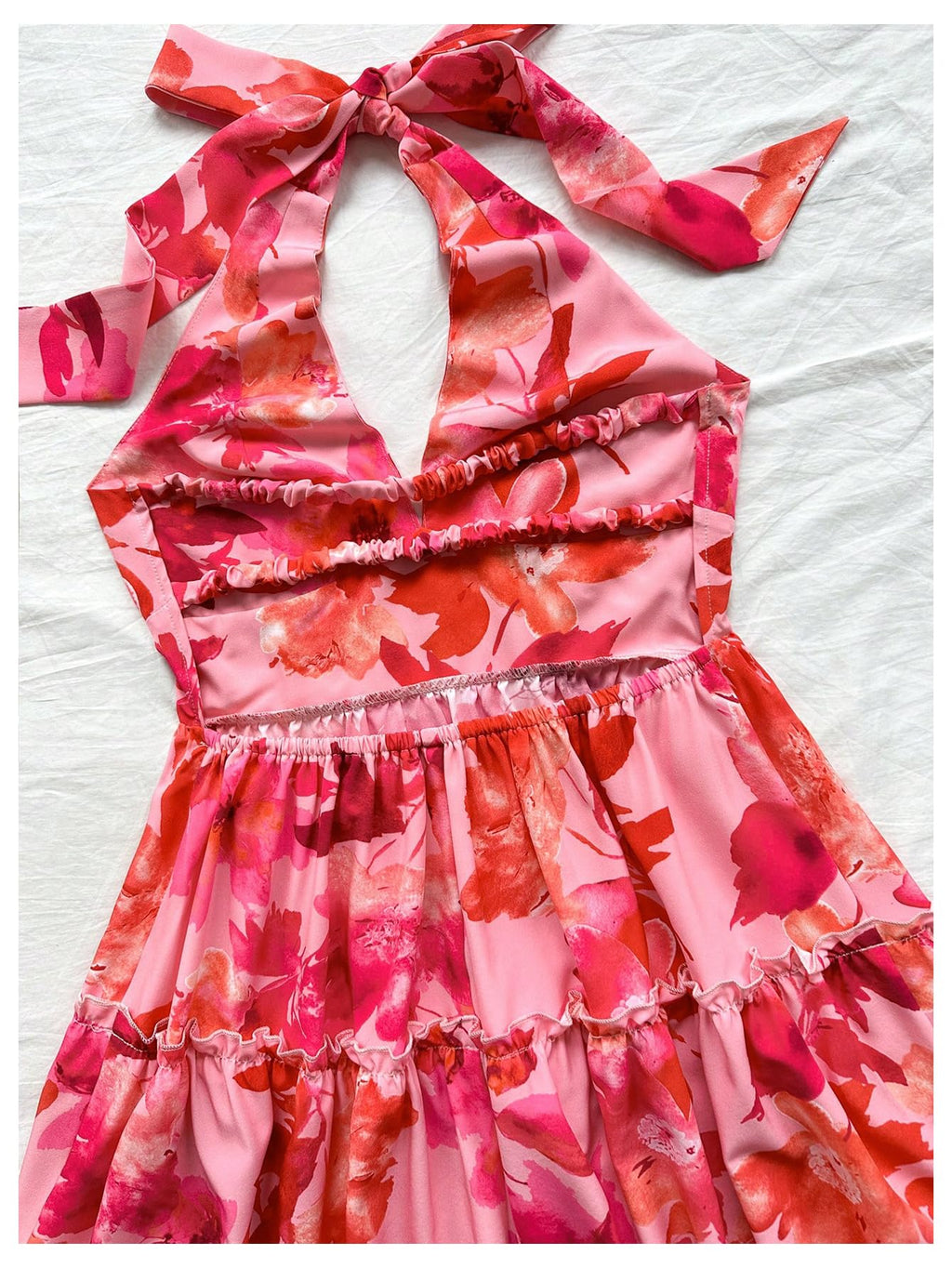 Women's Floral Print Sleeveless Halter Neck Layered Hem A Line Mini Dress