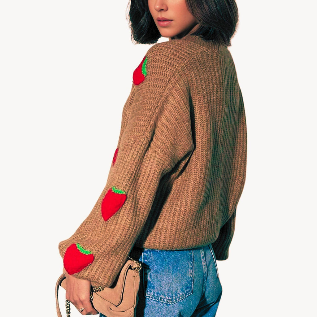 Women's Kawaii Strawberry Embroidered Cardigan Long Sleeve V Neck Chunky Knitted Cardigans