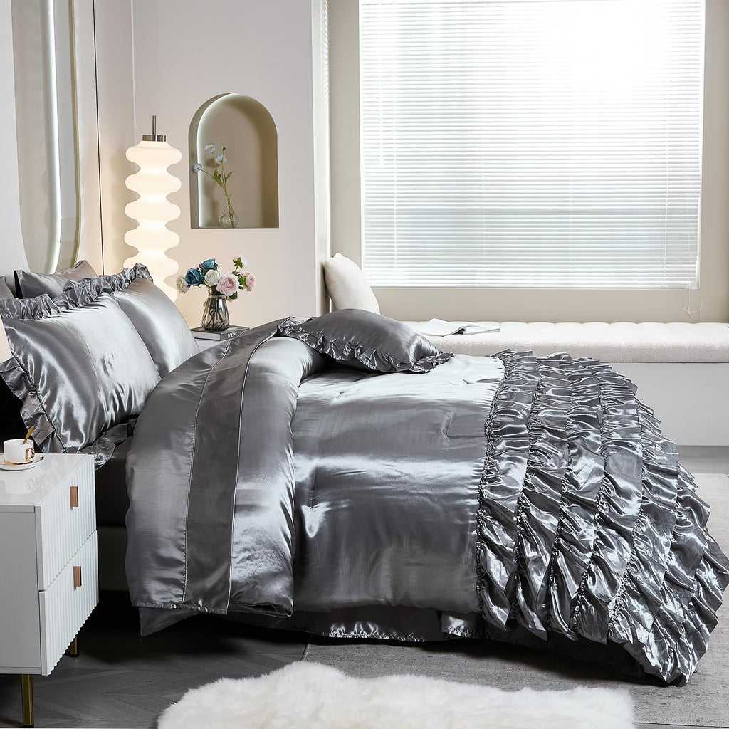 Ruffle Comforter Set 8 Pieces Satin Comforter Set with Sheet Set - Waterfall Ruffle Design Luxurious Silky Comforter Set
