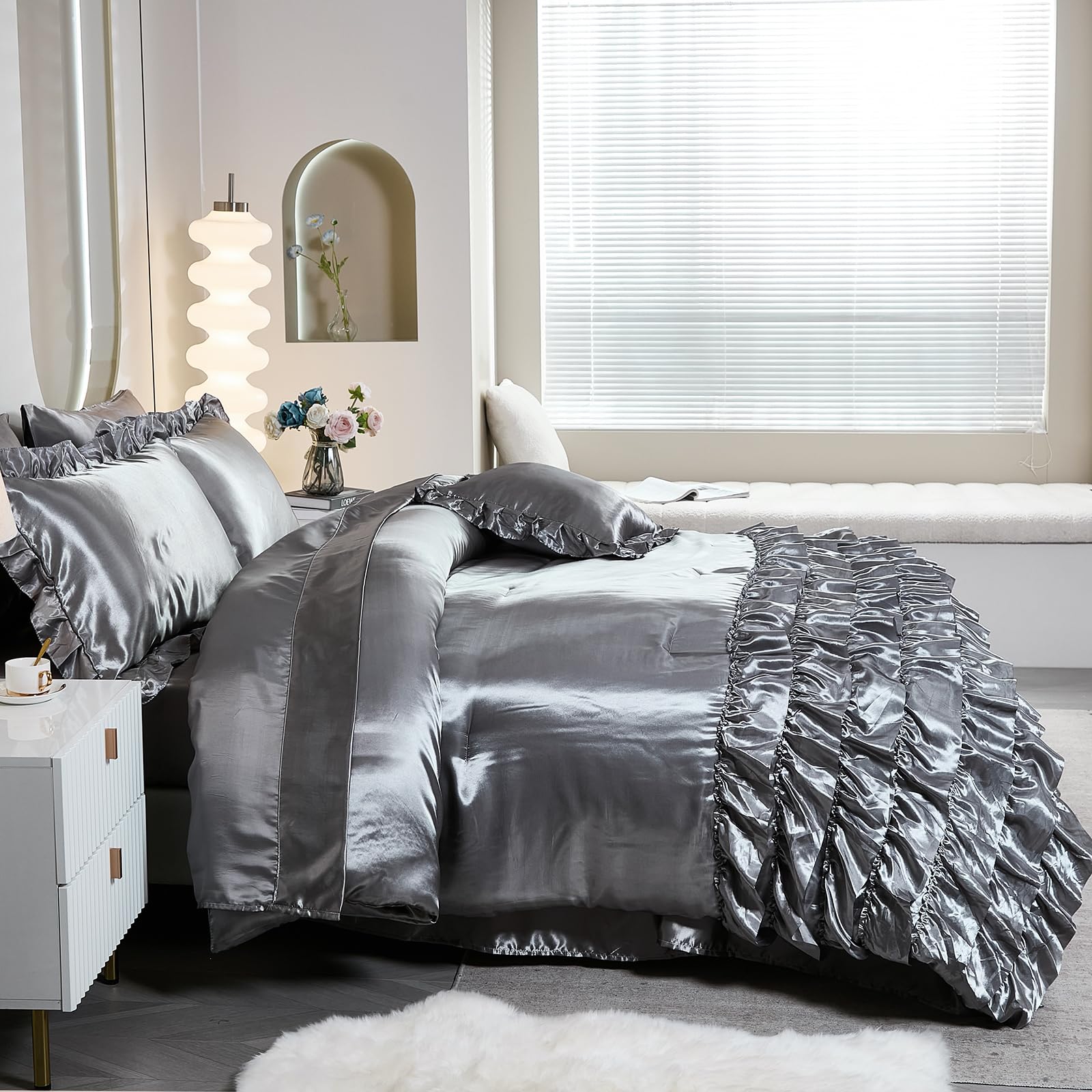 Ruffle Comforter Set 8 Pieces Satin Comforter Set with Sheet Set - Waterfall Ruffle Design Luxurious Silky Comforter Set
