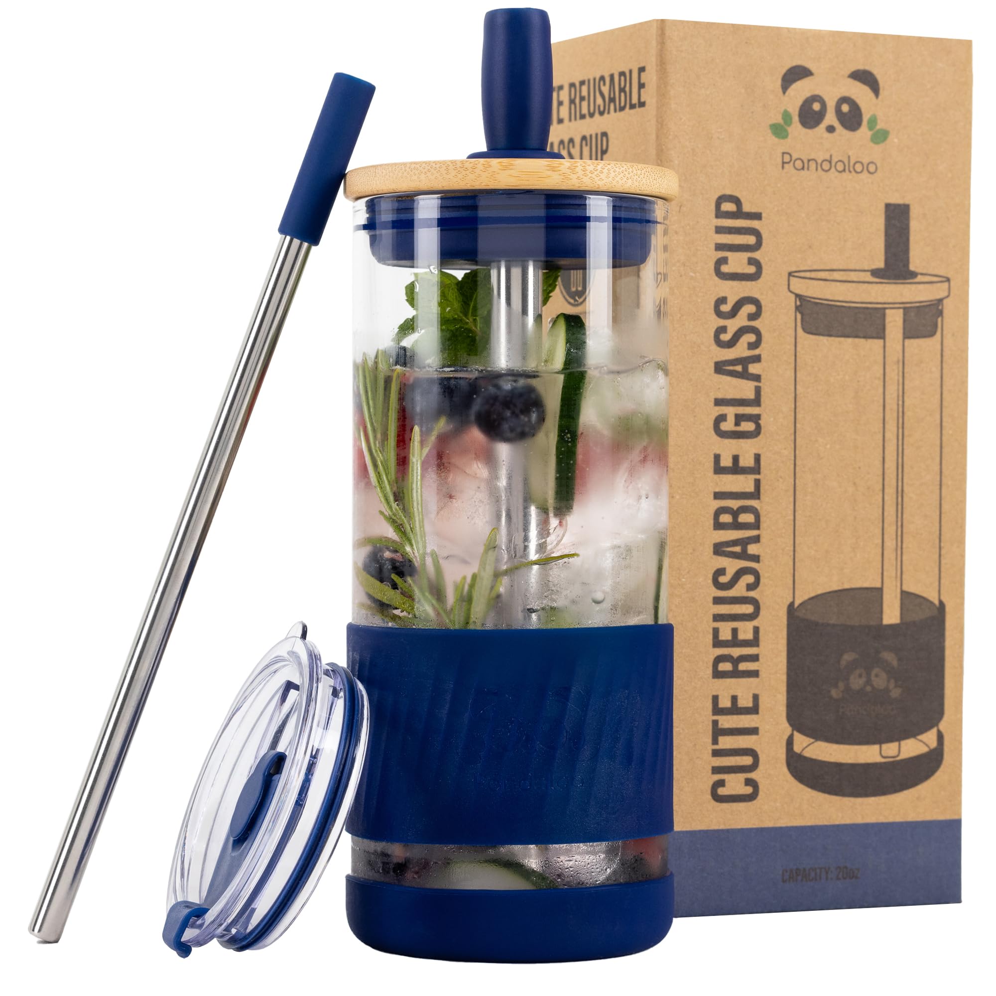 Pandaloo® Glass Cups With Lids and Straws -20 Fl Oz- Perfect Size Iced Coffee Cup - Smoothie Cup With Bamboo Lid and On the go Lid - Glass Tumbler With Straw