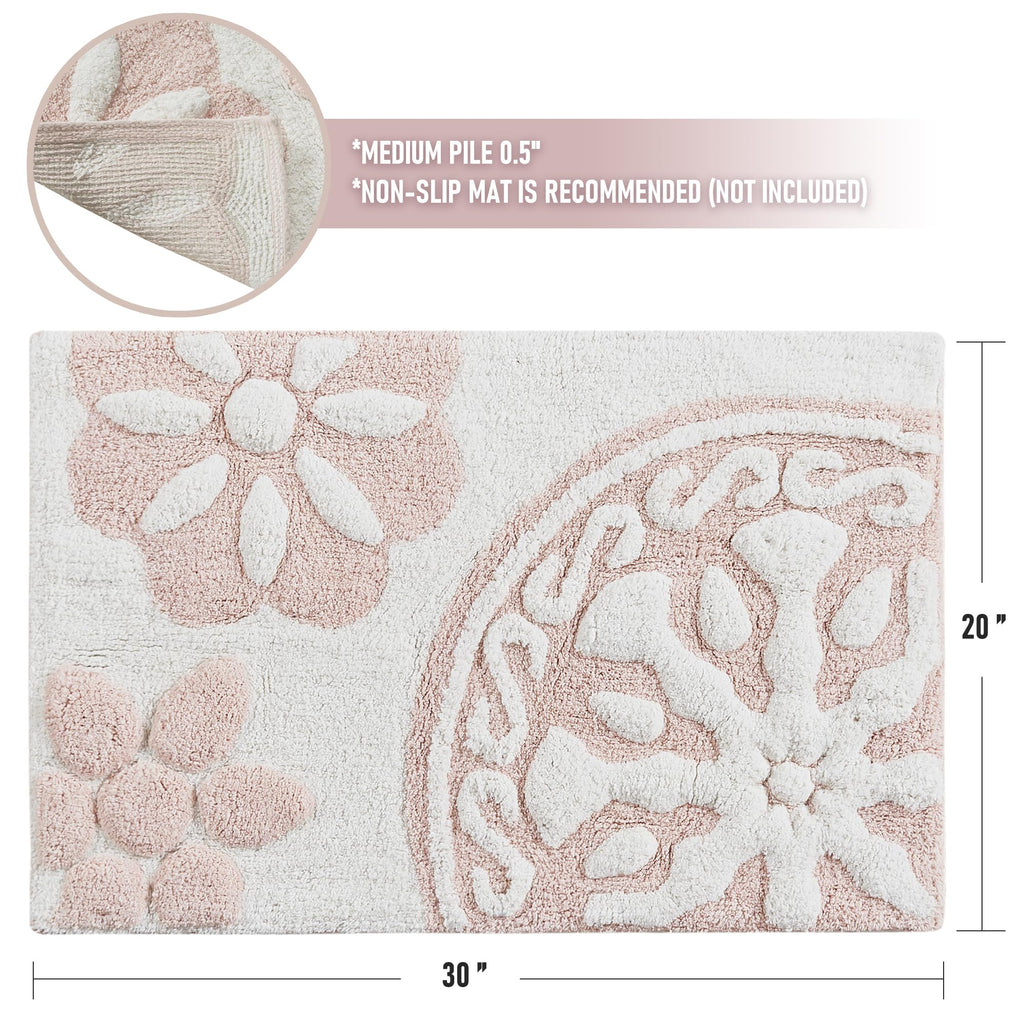 Medallion Floral Pattern Bath Mat 100% Cotton Tufted Bathroom Rugs Luxurious Plush Absorbent, Quick Dry