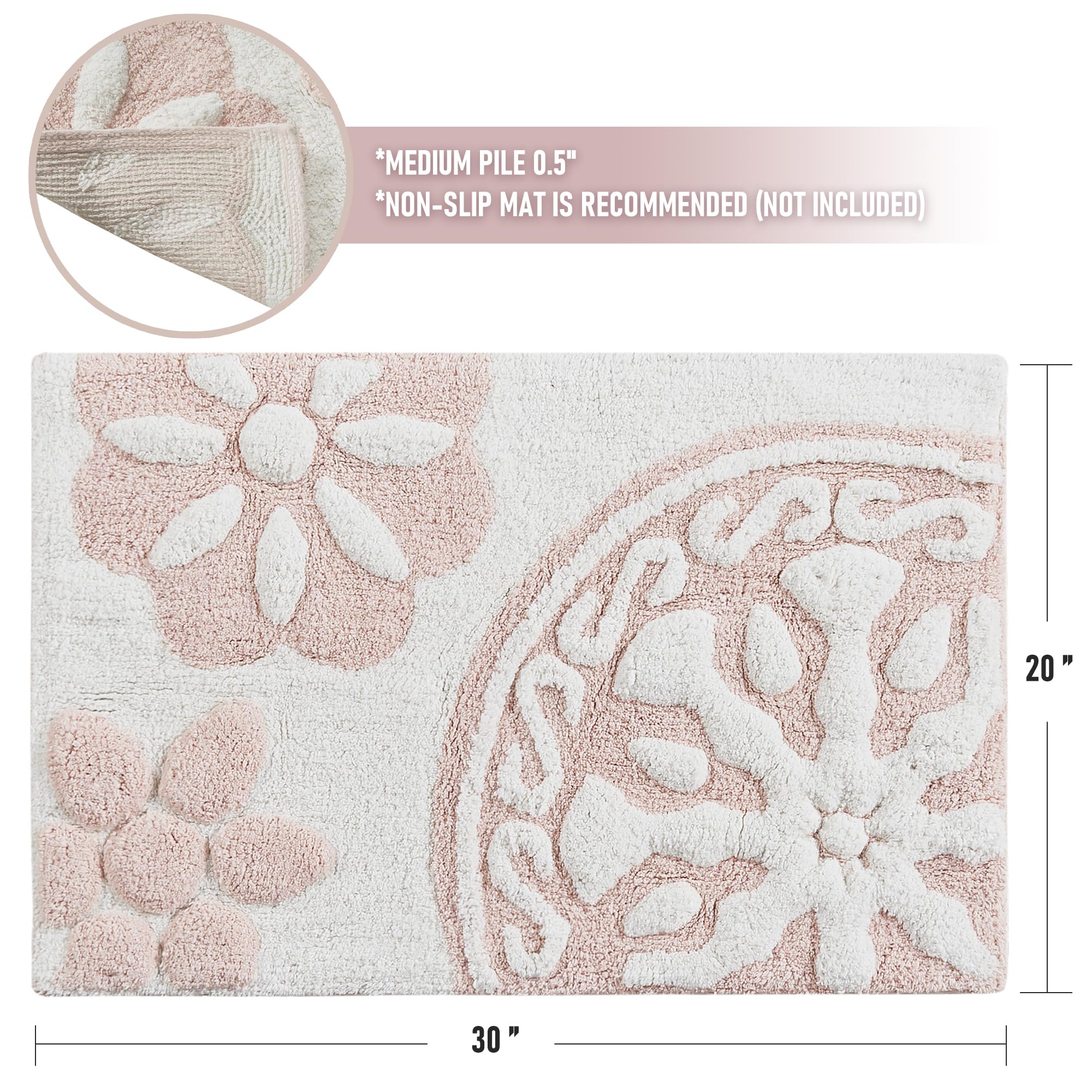 Medallion Floral Pattern Bath Mat 100% Cotton Tufted Bathroom Rugs Luxurious Plush Absorbent, Quick Dry