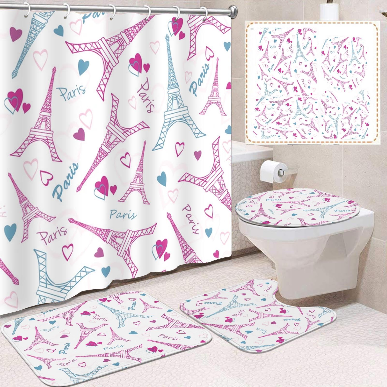 Vintage 4 Pcs Bathroom Sets with Shower Curtain and Rugs, Shower Curtain Sets for Bathroom Decor with 12 Hooks