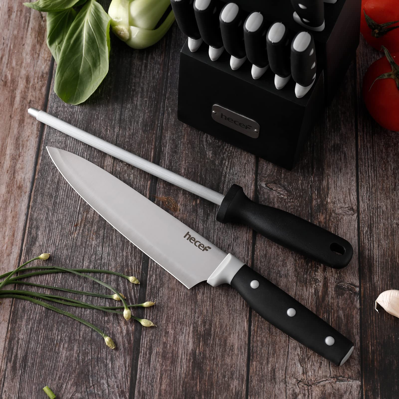 Kitchen Knife Block Set, 14 Pieces Knife Set with Wooden Block & Sharpener Steel & All-purpose Scissors, High Carbon Stainless Steel Cutlery Set