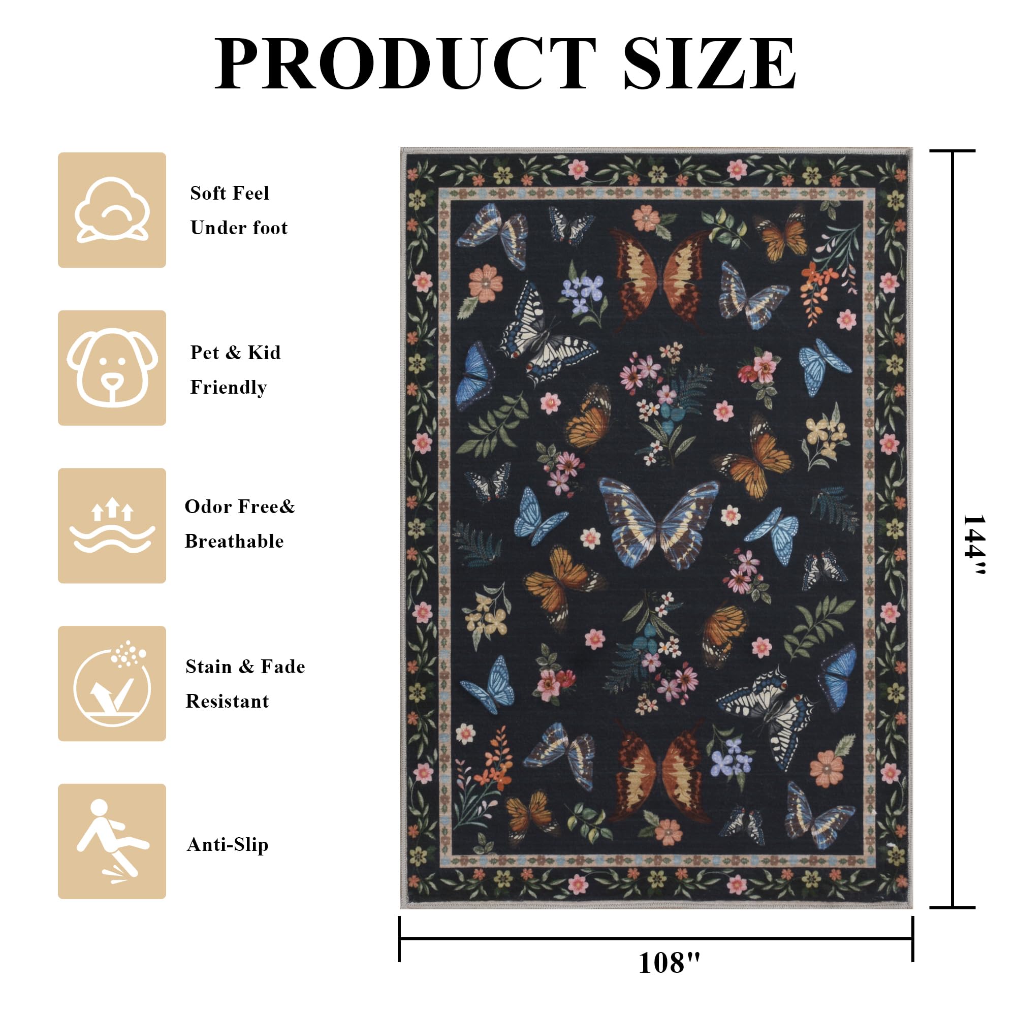 Insect Floral Area Rug, Machine Washable Area Rug Non-Slip Low Pile Large Bedroom Rug Stain Resistant Throw Rug Carpet