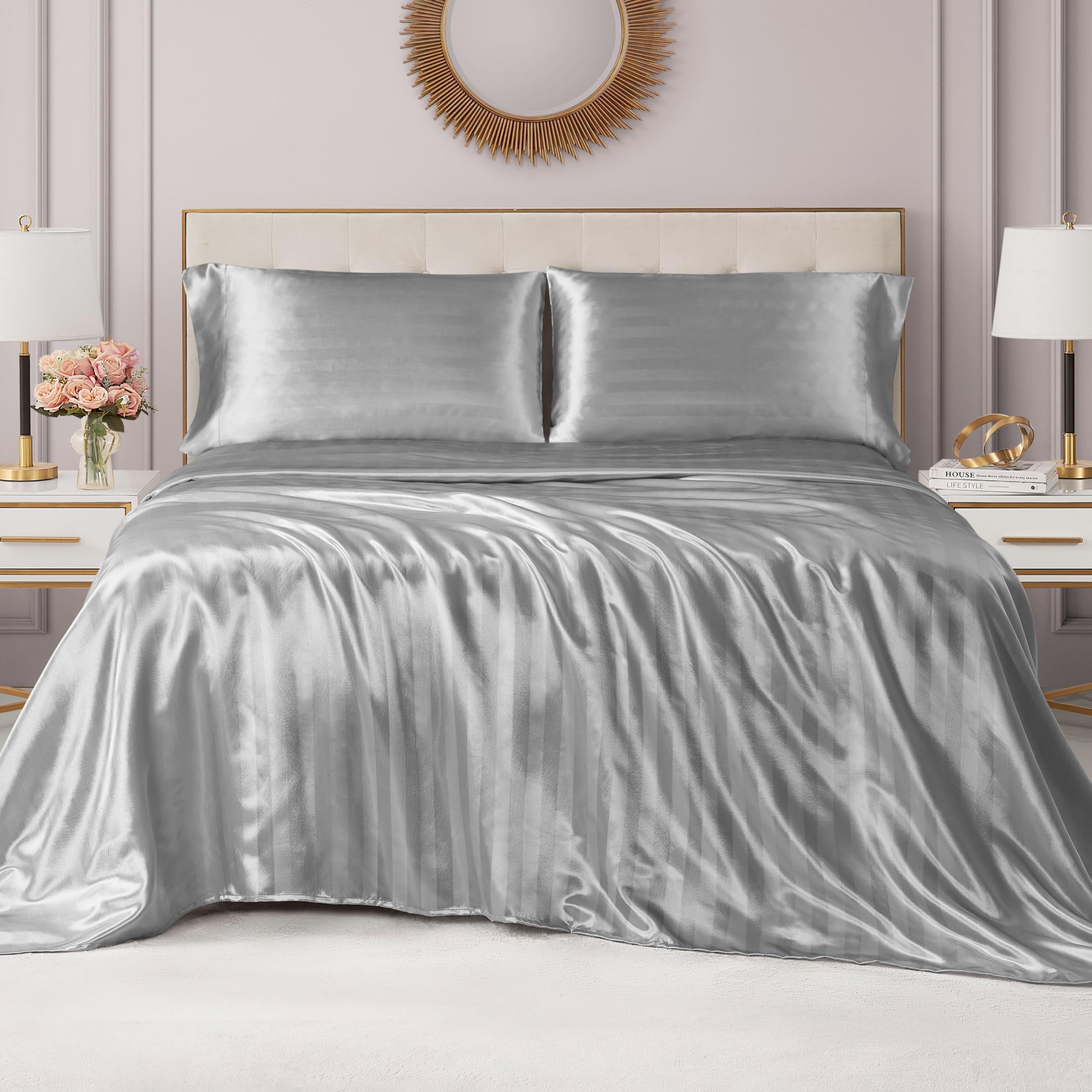 Juicy Couture Silky Satin Damask Sheet Set - Luxury Smooth Satin Striped Sheets