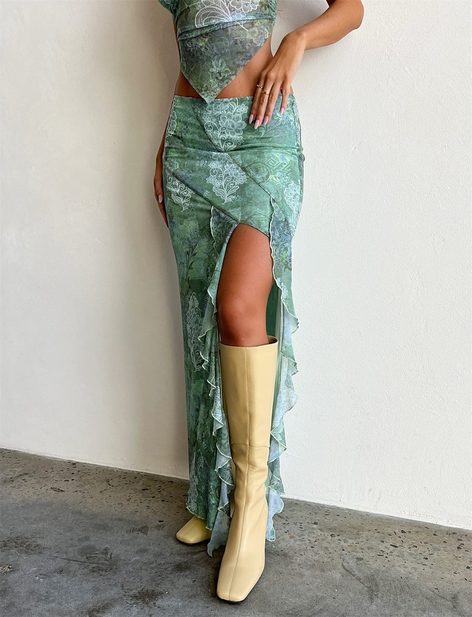 Women Sexy Y2K Maxi Skirt Set Strapless Bodycon Lace Tube Top See Through 2 Piece Outfits Summer Party Wear Dress