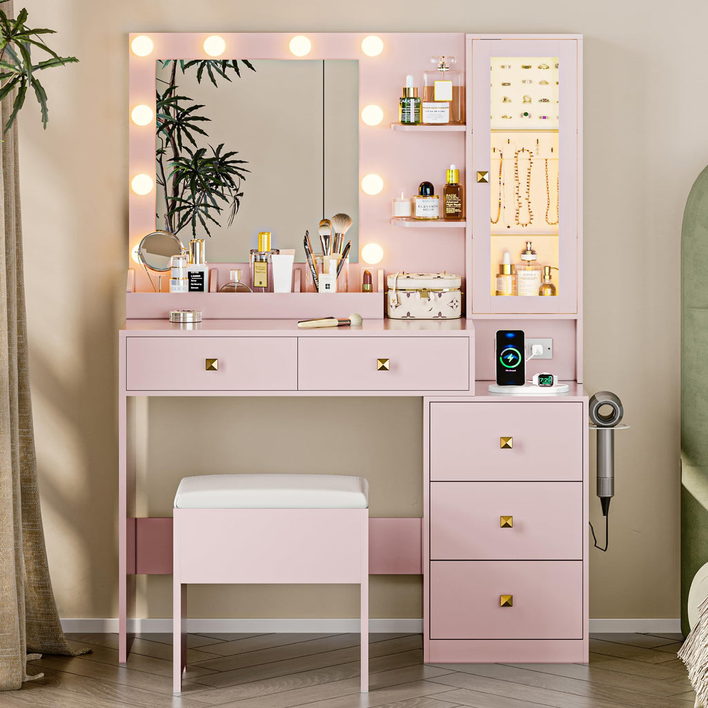 Vanity Desk with Mirror and Lights, Pink Makeup Vanity with 5 Drawers Hidden Jewelry Organizer& LED Glass Cabinet, 3 Lights Mode and Brightness Adjusted,Vanity Mirror with Lights Desk and Chair