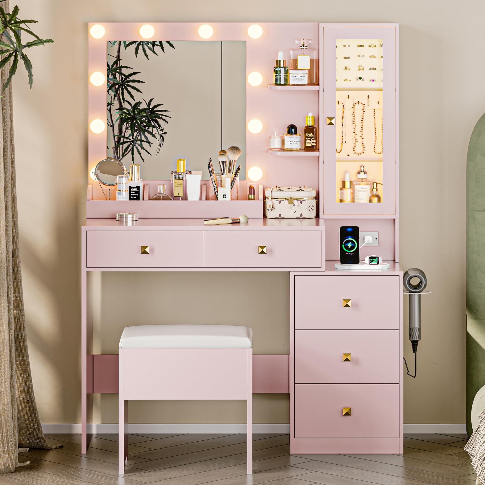 Vanity Desk with Mirror and Lights, Pink Makeup Vanity with 5 Drawers Hidden Jewelry Organizer& LED Glass Cabinet, 3 Lights Mode and Brightness Adjusted,Vanity Mirror with Lights Desk and Chair