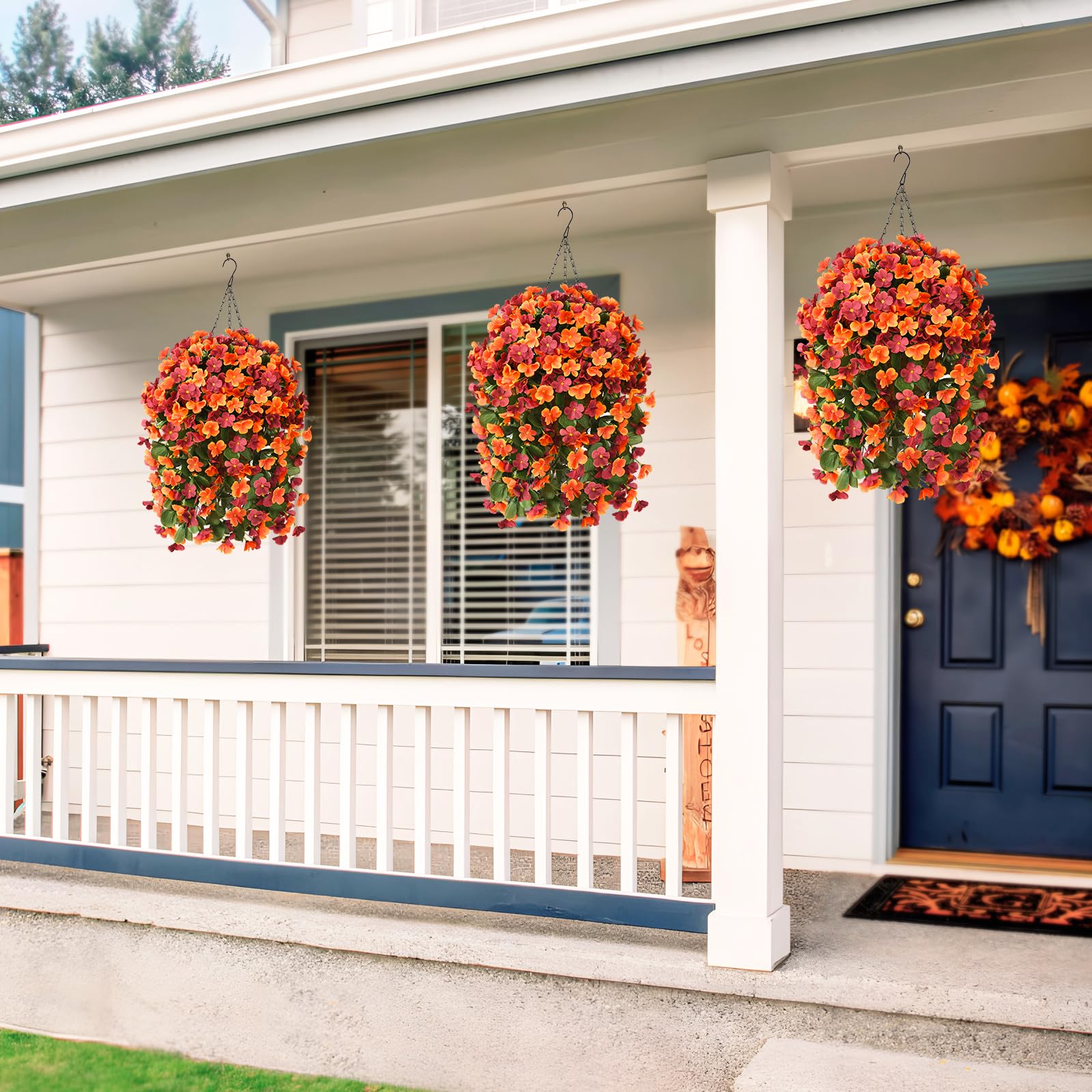 Hanging Flowers Basket for Outdoors Spring Decoration, Faux Silk Begonia in Planter Look Real UV Resistant for Outside